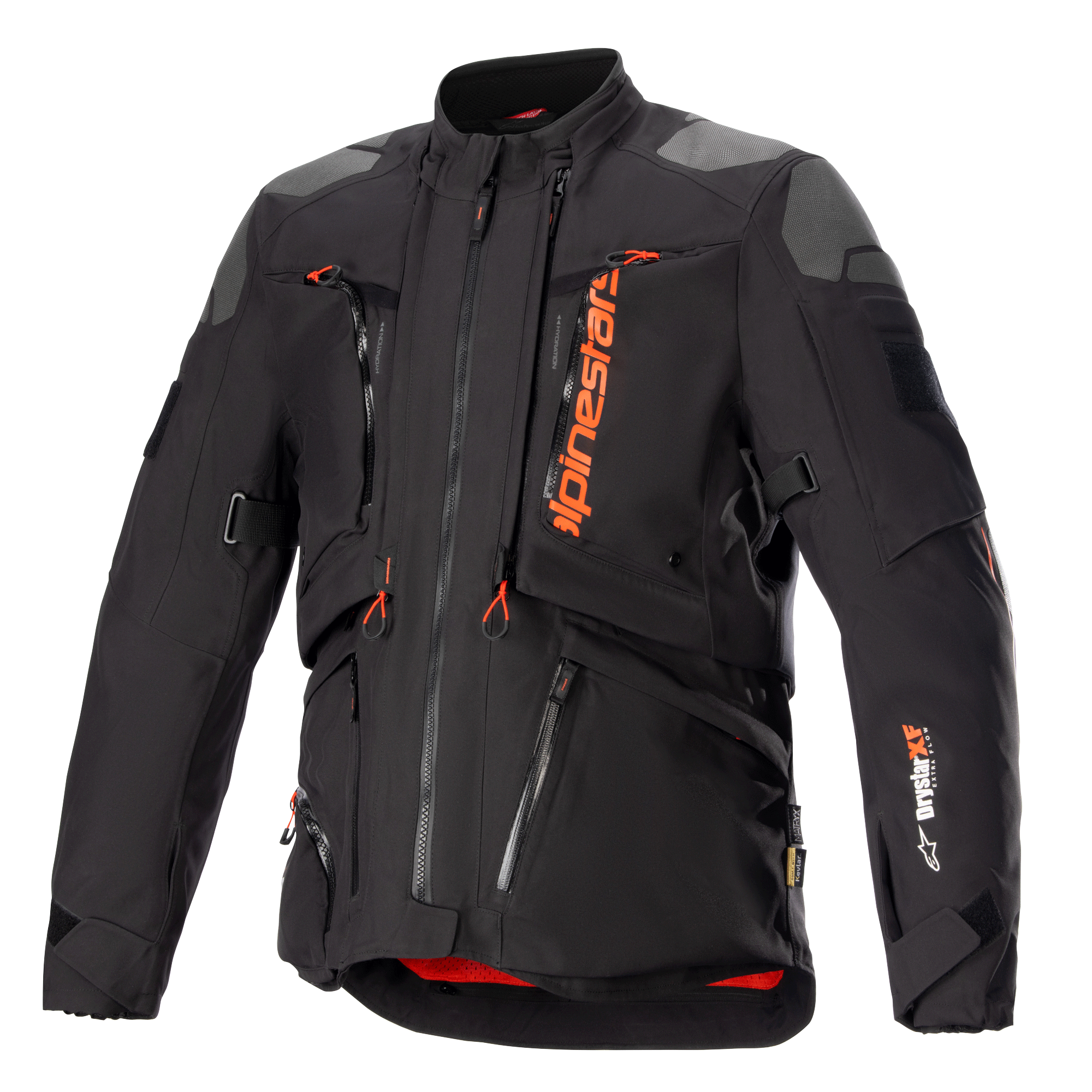 Alpinestars AMT-10R Drystar XF Jacke, Schwarz und Orange, Motorrad-Adventure-Touring-Jacke, graue Schulterpatches, mehrere Reißverschlüsse mit orangen Laschen, verstellbare Riemen, rotes Innenfutter, technische Schutzausrüstung