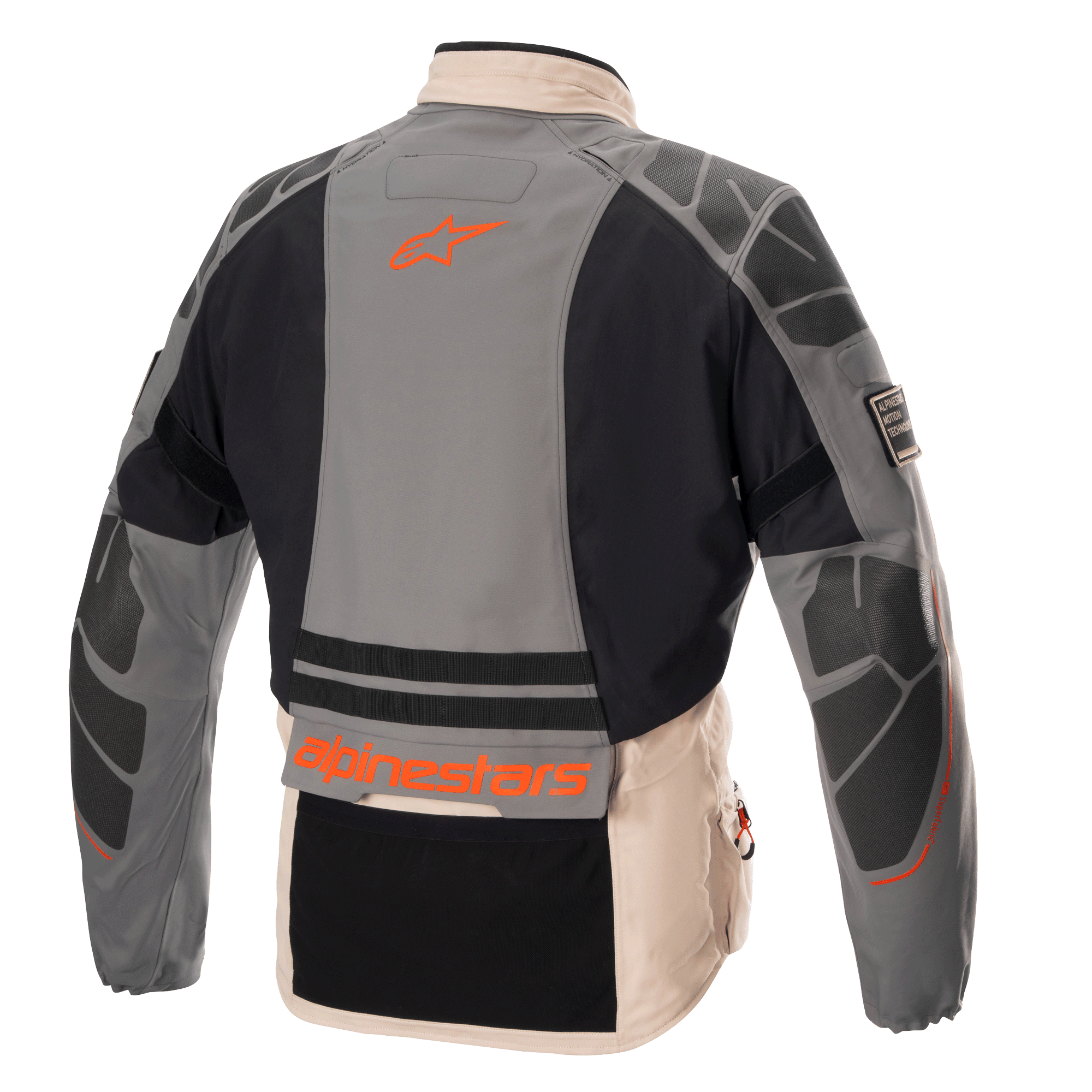 Alpinestars AMT-10R Drystar® XF Jacke, Adventure-Motorradjacke, Fur Gray, Pale Brown und Spicy Orange, Rückansicht mit schützenden Schulter- und Ellbogenverstärkungen, orangefarbenes Alpinestars-Logo und Branding, modulares Allwetter-Textildesign