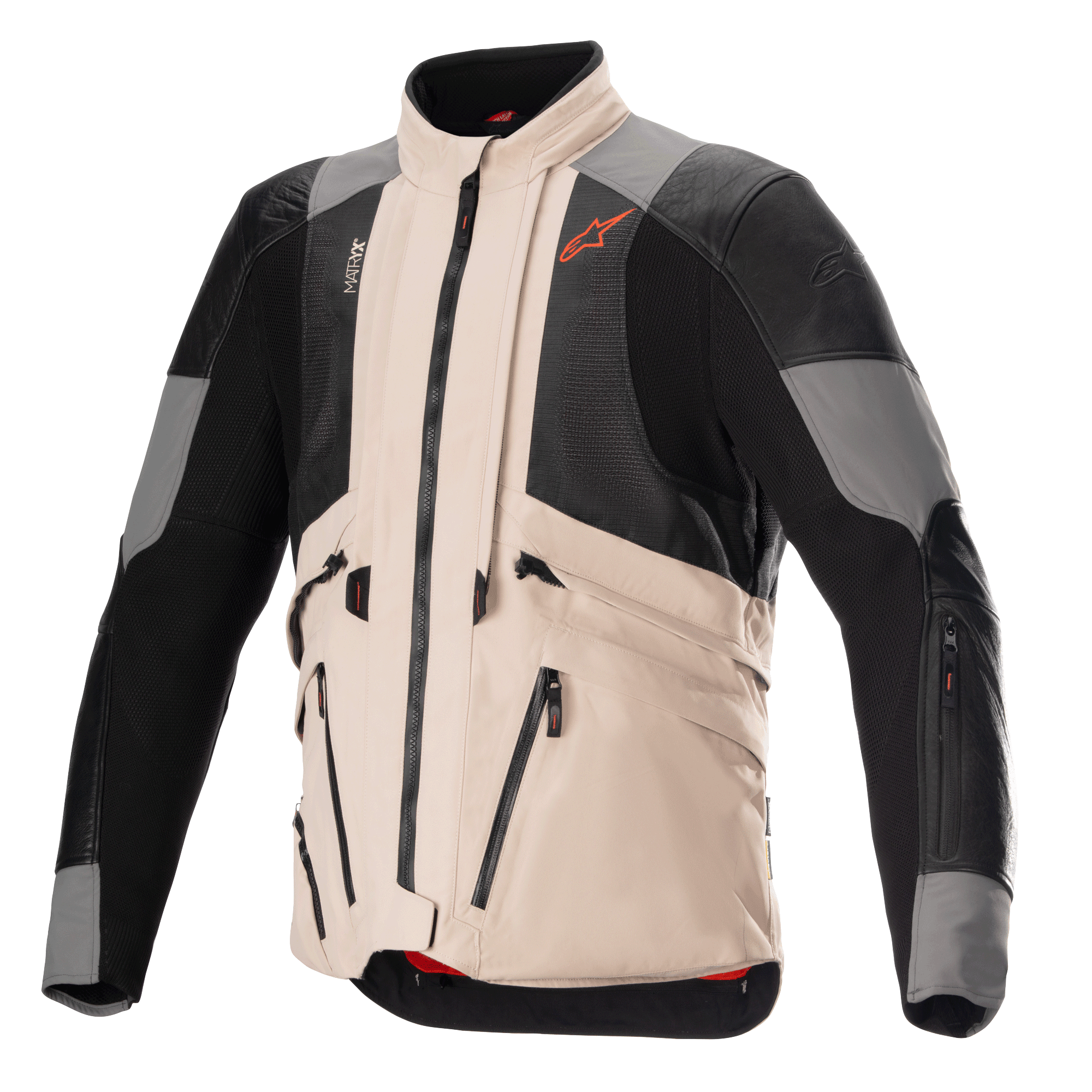 Alpinestars AMT-10R Drystar XF Jacke in Heat-Konfiguration, Adventure-Motorradjacke, Fur Gray und Pale Brown mit schwarzen Mesh-Einsätzen, modulares Design für maximale Luftzirkulation, mit mehreren praktischen Taschen und Alpinestars-Logo in Spicy Orange auf der Brust.
