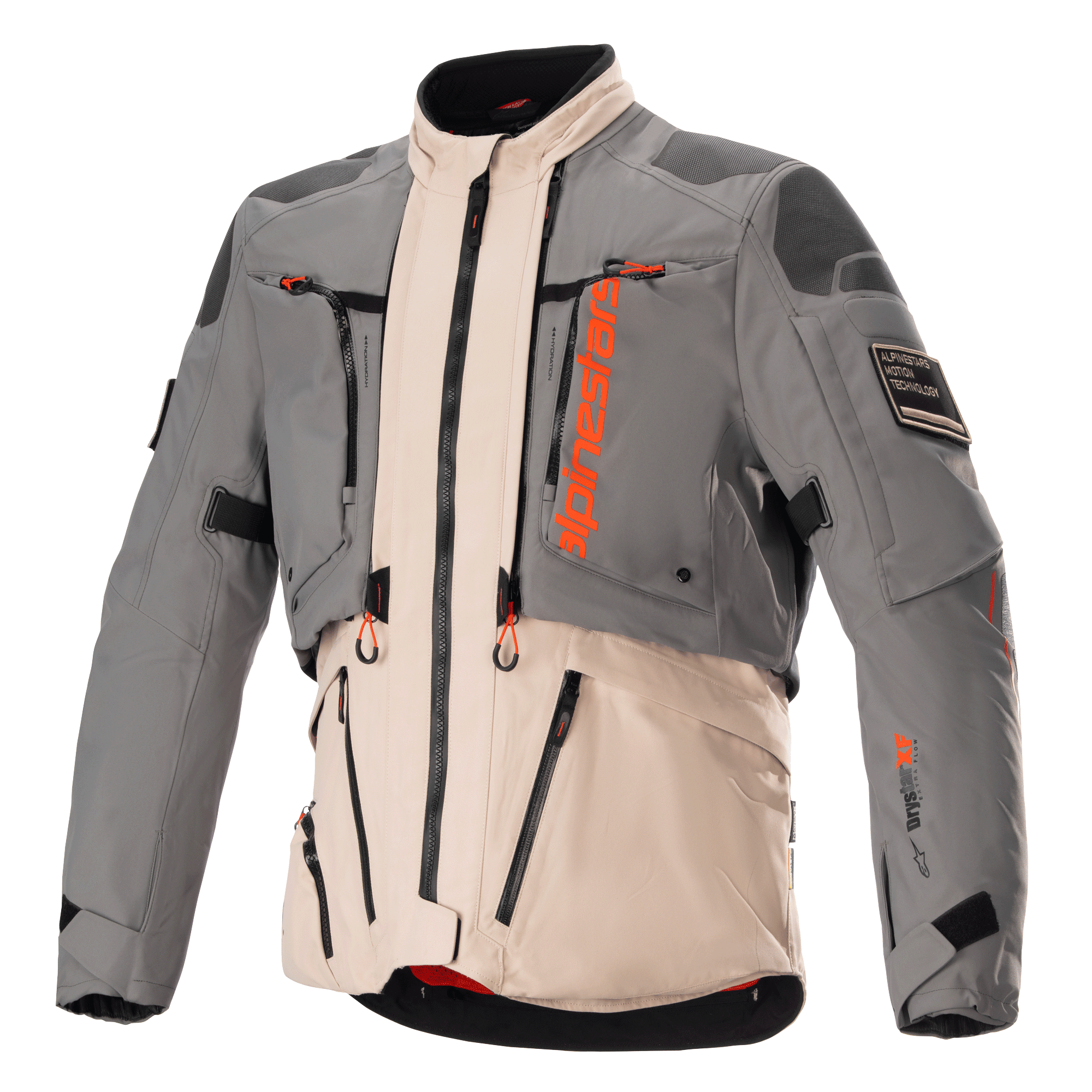 Alpinestars AMT-10R Drystar XF Jacke, Adventure-Touring-Motorradjacke, Pelzgrau und Hellbraun mit Akzenten in Spicy Orange, modulare Textilkonstruktion mit Front-Reißverschlüssen, verstärkte Schulter- und Ellenbogenpaneele, hoher Kragen, professionelle Motorradschutzausrüstung