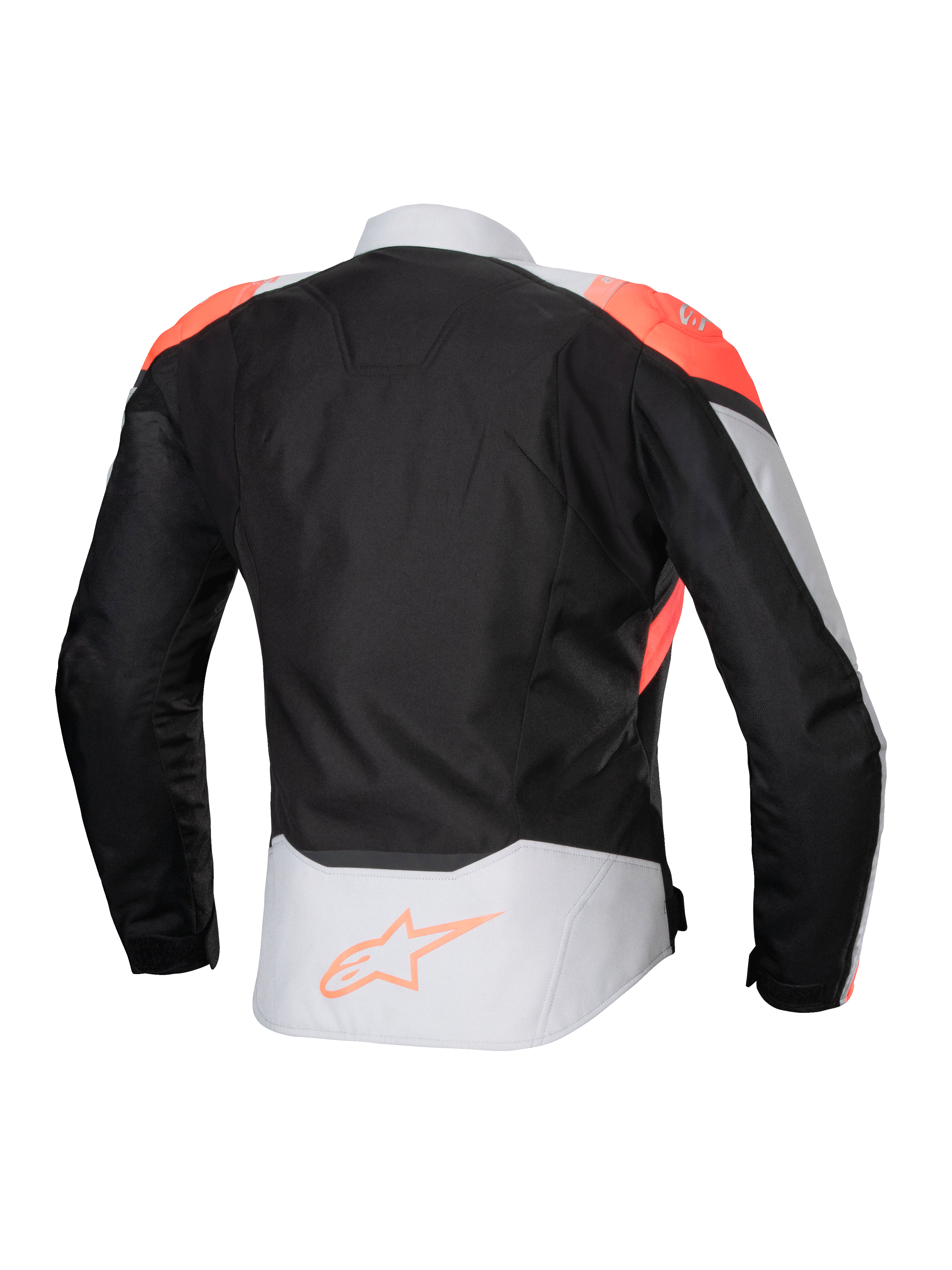 Alpinestars Stella T-Jaws V4 Waterproof Jacket, Women's Motorcycle Jacket, Black Ice Gray and Fluo Coral, back view featuring fluorescent coral shoulder accents and Alpinestars logo on the lower back, technical textile construction for all-weather riding.