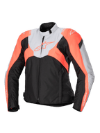 Alpinestars Stella T-Jaws V4 Waterproof Jacket, Women's Sport Textile Motorcycle Jacket, Black, Ice Gray, and Fluo Coral, featuring a high collar, front zipper, angular color blocks, and branding on chest and sleeves
