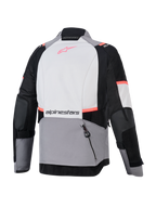 Stella Andes V4 Drystar Damen-Motorradjacke, Grau und Schwarz, Rückansicht mit großem hinterem Rückfach.
