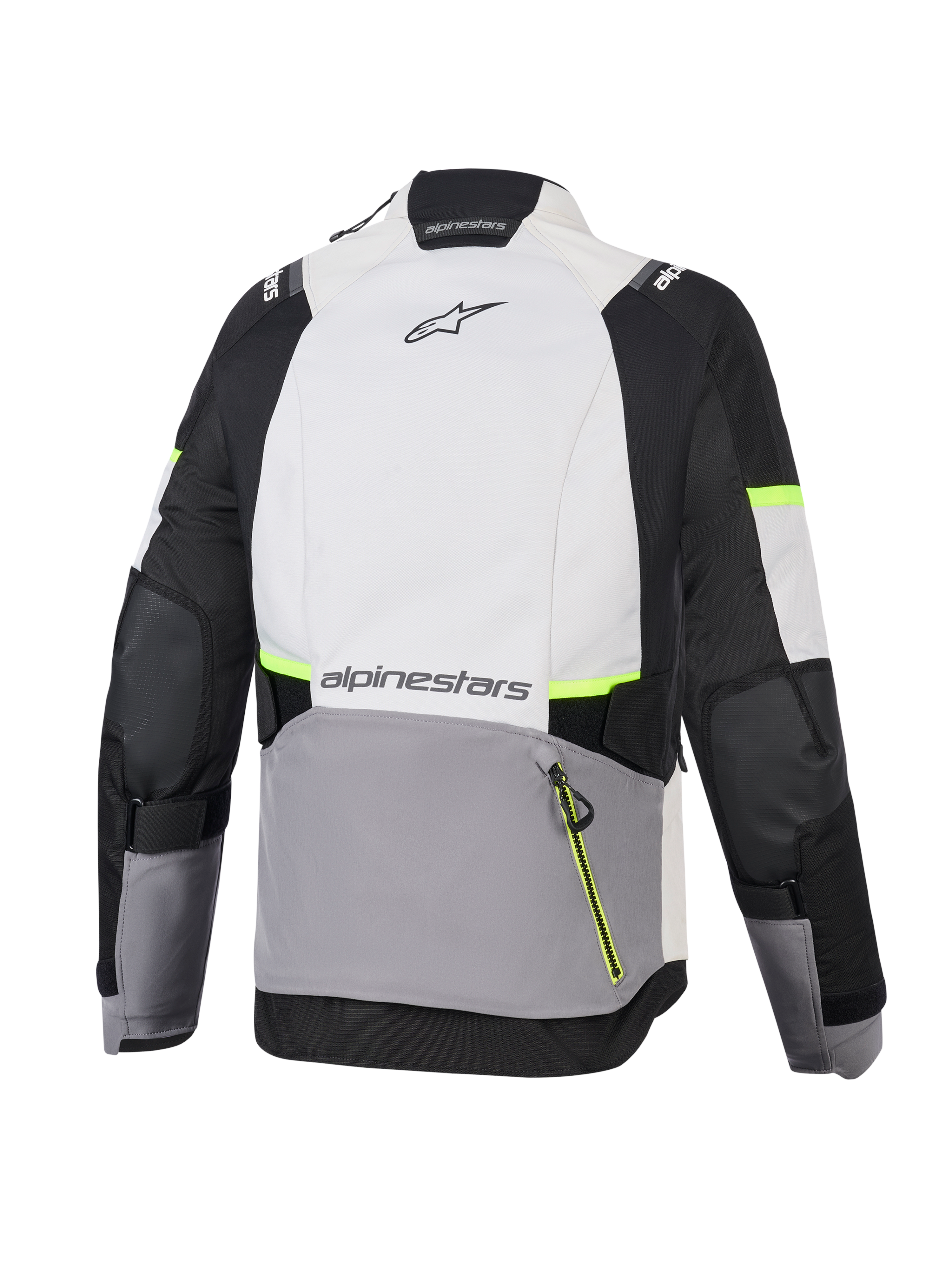 Alpinestars Stella Andes V4 Drystar® Jacke, Damen-Abenteuer-Motorradjacke, Eisgrau, Dunkelgrau und Schwarz mit neongelben Akzenten, Rückansicht mit großer Rückentasche und Alpinestars-Branding