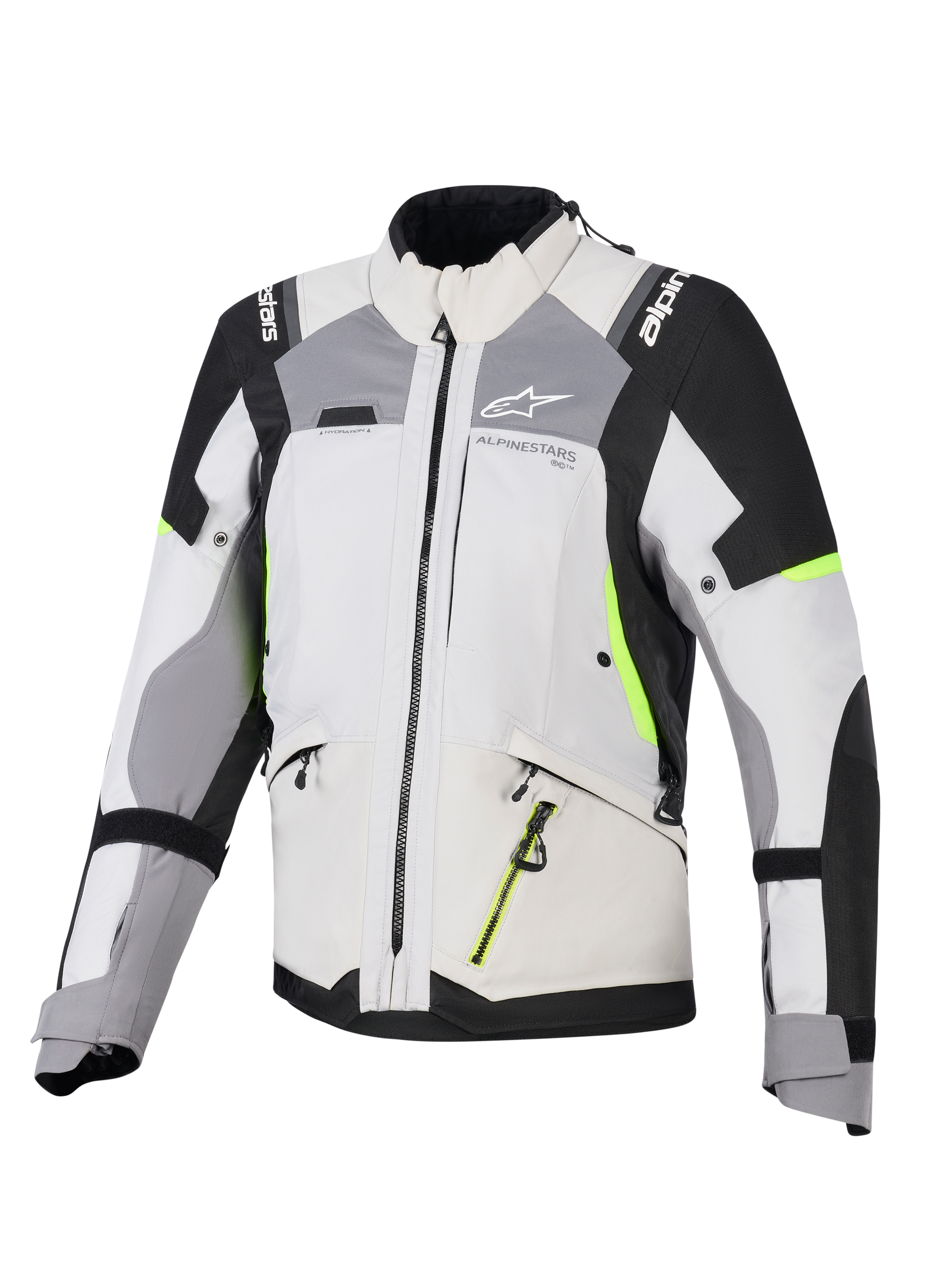 Alpinestars Stella Andes V4 Drystar® Damenjacke, Adventure-Tourenjacke für Damen, Eisgrau und Dunkelgrau mit schwarzen und neongelben Akzenten, strapazierfähige Textilkonstruktion mit wasserdichten Reißverschlüssen und Alpinestars-Branding, Vorderansicht