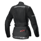 Alpinestars Stella Andes Air Drystar Jacke, Damen-Touren-Motorradjacke, Rückansicht, Schwarz, mit großflächigen Mesh-Einsätzen, Ripstop-Verstärkungen und einer Aufbewahrungstasche im unteren Rücken mit rotem Logo