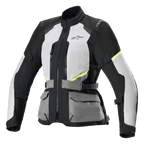 Alpinestars Stella Andes Air Drystar Jacket, Women's Motorcycle Touring Jacket, Ice Gray and Dark Gray with Black and Neon Yellow accents, featuring extensive mesh ventilation panels, front utility pockets, and adjustable waist straps, technical touring design