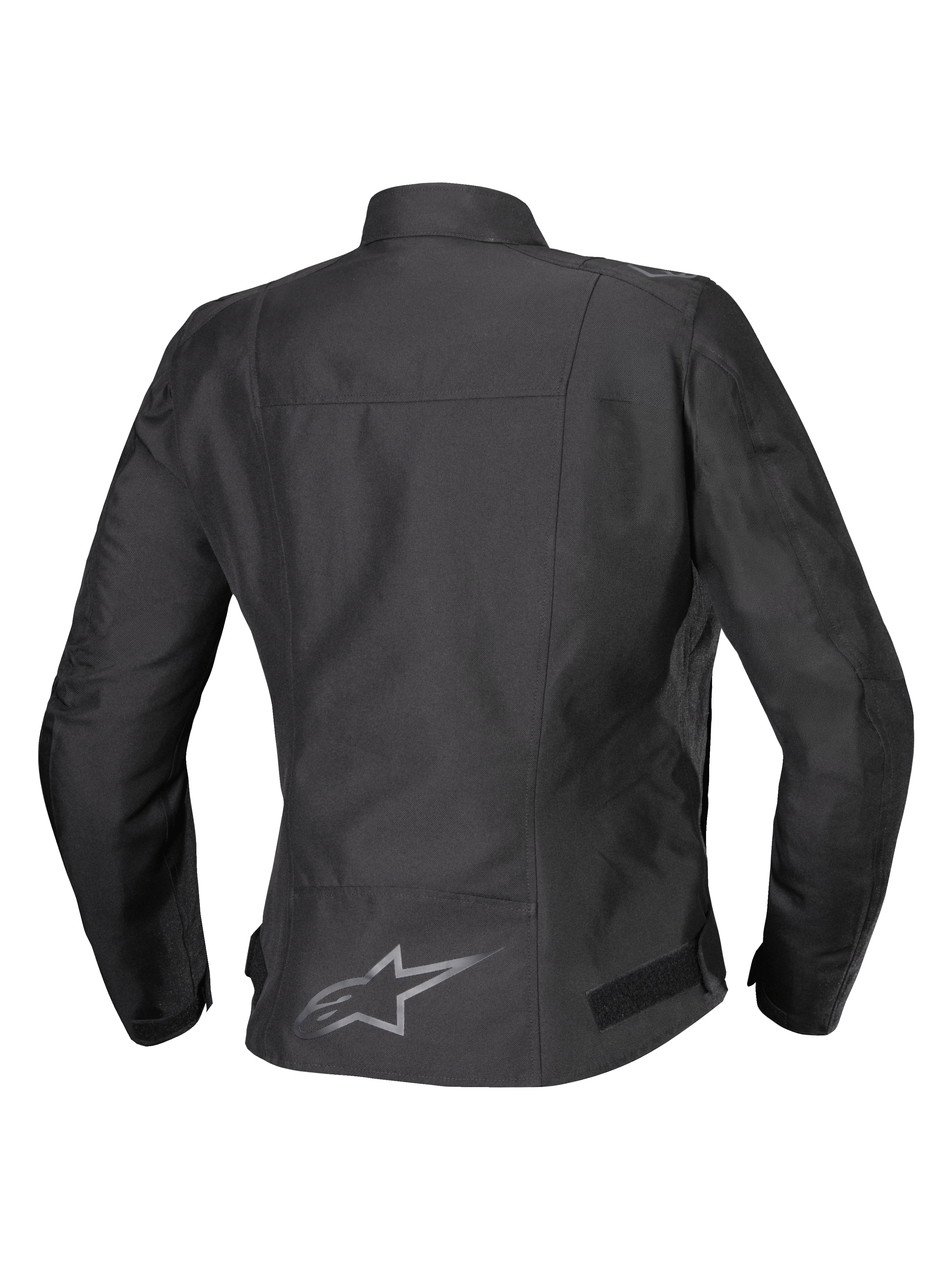 Alpinestars Stella T-SPS V2 Wasserdichte Jacke, Rückansicht, Schwarz, Damen-Textil-Motorradjacke mit einem reflektierenden Logo am unteren Rücken und einer sportlich konturierten Silhouette