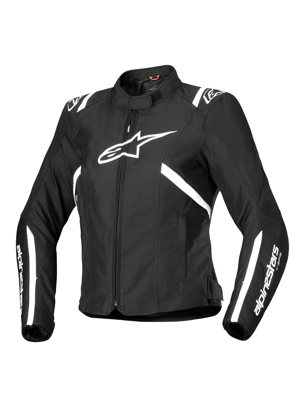 Alpinestars Stella T-SPS V2 Wasserdichte Jacke, Damen-Motorradjacke, Schwarz und Weiß, mit großem weißem Stern-Logo auf der Brust, weißen Streifen an Schultern und Ärmeln, schlanke rennsportinspirierte Silhouette, hoher Kragen, strapazierfähiges Textilgewebe