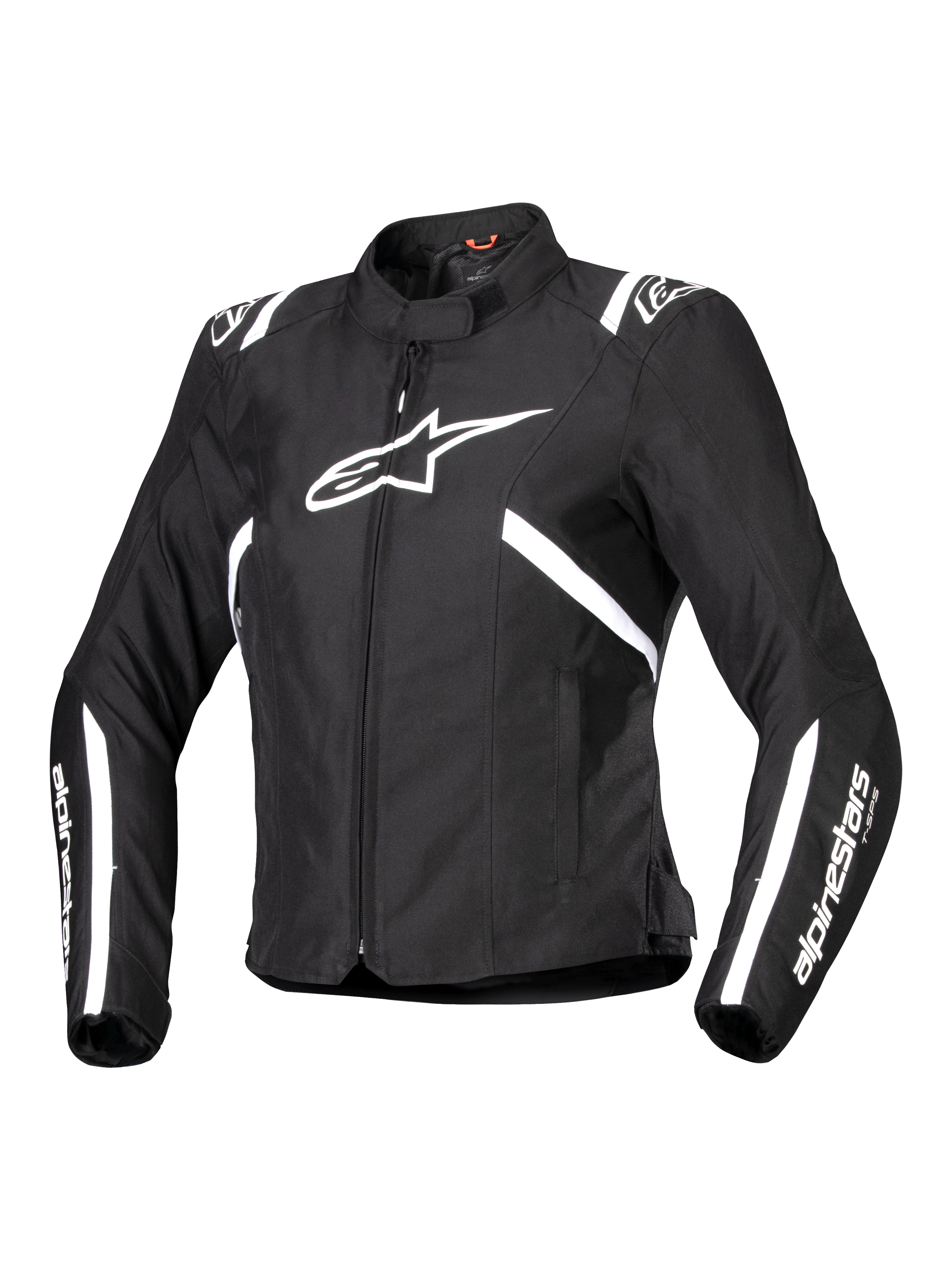 Alpinestars Stella T-SPS V2 Wasserdichte Jacke, Damen-Motorradjacke, Schwarz und Weiß, mit großem weißem Stern-Logo auf der Brust, weißen Streifen an Schultern und Ärmeln, schlanke rennsportinspirierte Silhouette, hoher Kragen, strapazierfähiges Textilgewebe
