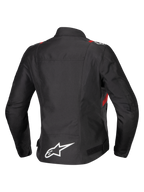 Alpinestars Stella T-SPS V2 Wasserdichte Jacke, Rückansicht, Schwarz mit roten und weißen Akzenten, Motorrad-Textiljacke für Damen mit einem großen weißen Alpinestars-Logo am unteren Rücken und sportlicher Silhouette