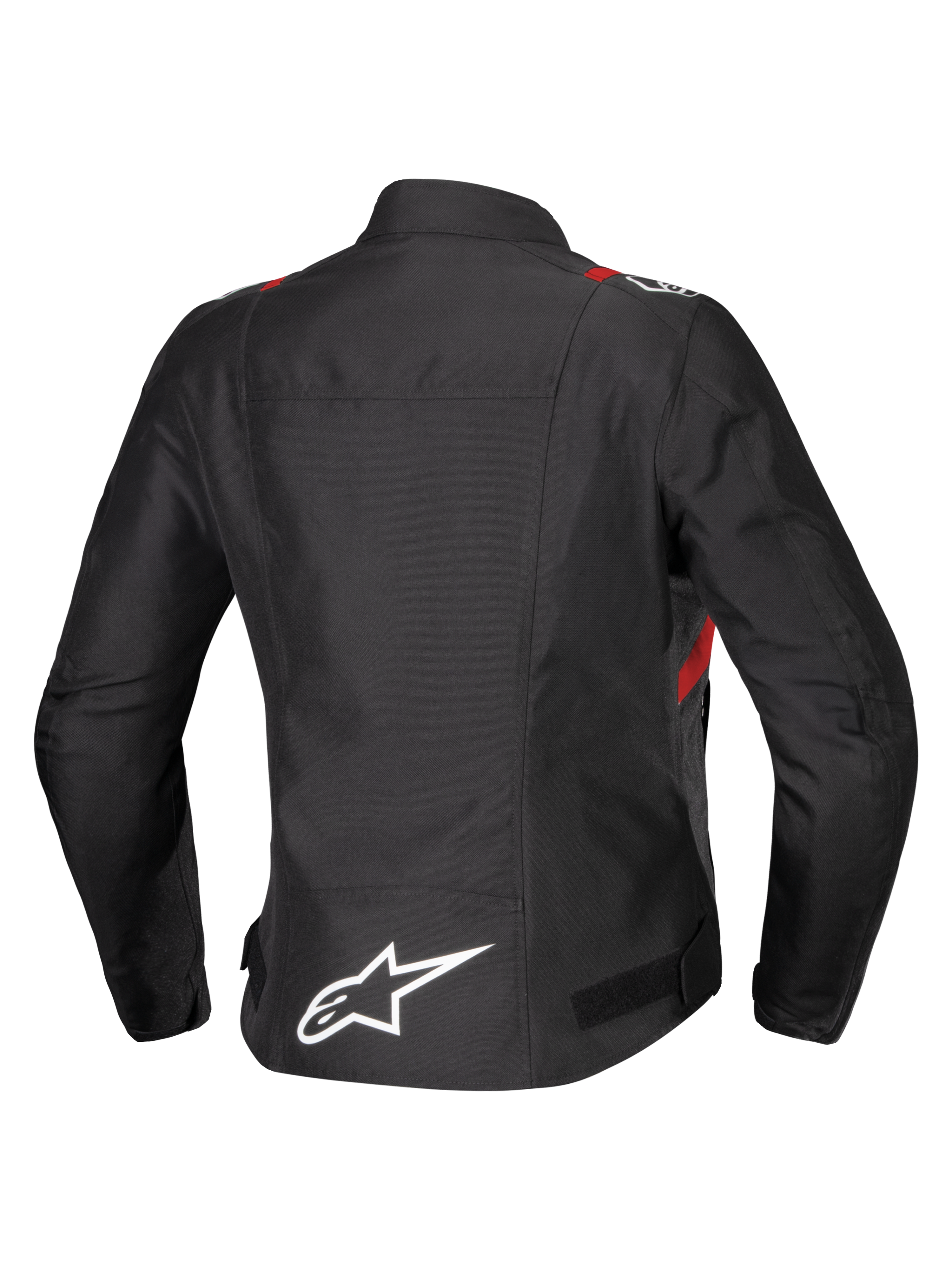Alpinestars Stella T-SPS V2 Wasserdichte Jacke, Rückansicht, Schwarz mit roten und weißen Akzenten, Motorrad-Textiljacke für Damen mit einem großen weißen Alpinestars-Logo am unteren Rücken und sportlicher Silhouette