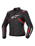 Alpinestars Stella T-SPS V2 Wasserdichte Jacke, Damen-Sport-Motorradjacke, Schwarz mit roten Streifen und weißen Logos, vom Rennsport inspiriertes, tailliertes Design, mit hohem Kragen und Frontreißverschluss