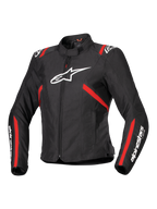 Alpinestars Stella T-SPS V2 Wasserdichte Jacke, Damen-Sport-Motorradjacke, Schwarz mit roten Streifen und weißen Logos, vom Rennsport inspiriertes, tailliertes Design, mit hohem Kragen und Frontreißverschluss