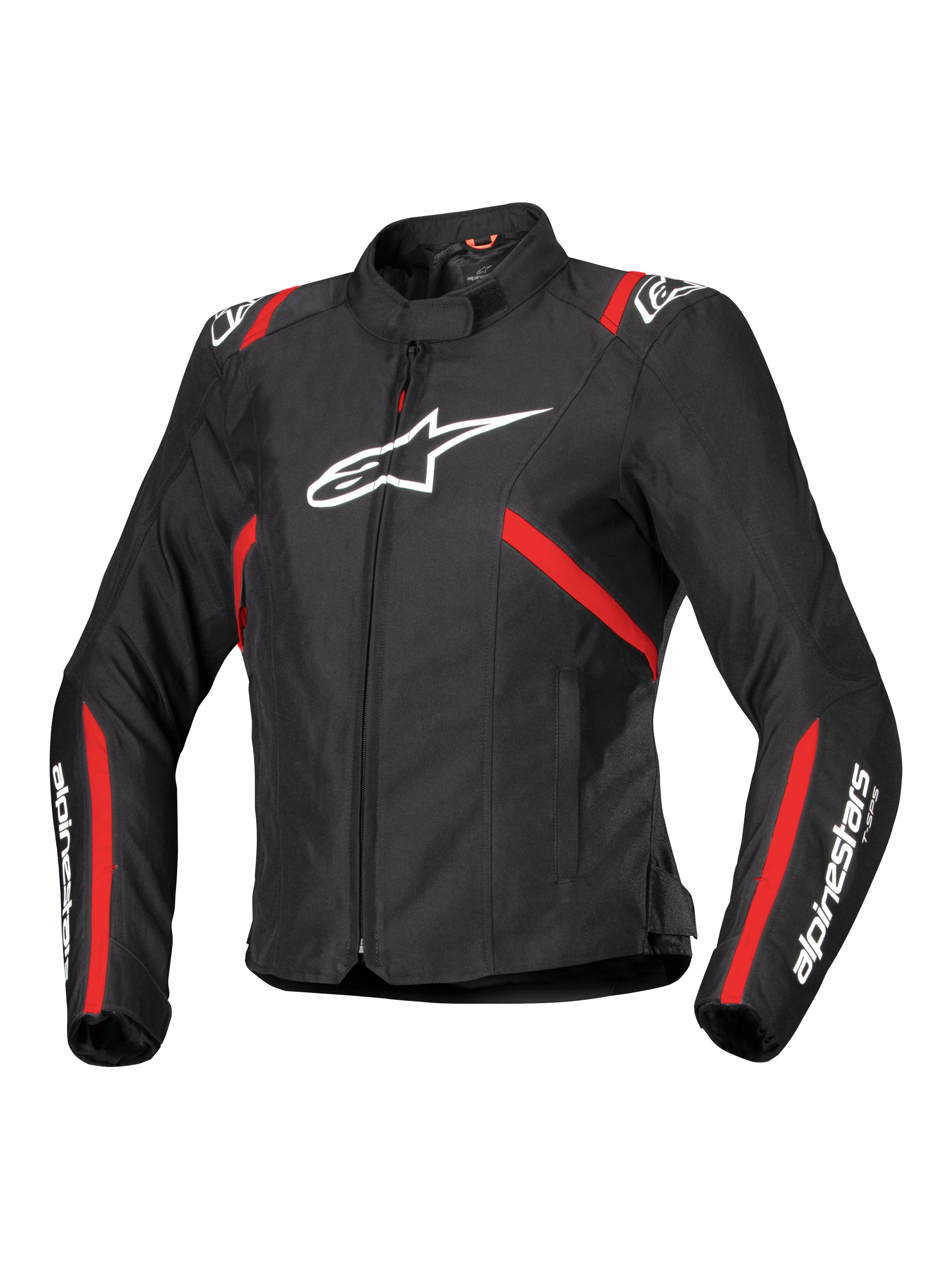 Alpinestars Stella T-SPS V2 Wasserdichte Jacke, Damen-Sport-Motorradjacke, Schwarz mit roten Streifen und weißen Logos, vom Rennsport inspiriertes, tailliertes Design, mit hohem Kragen und Frontreißverschluss