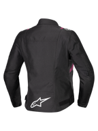 Alpinestars Stella T-SPS V2 Wasserdichte Jacke, Damen-Motorradjacke, Schwarz mit weißen und Diva Pink Akzenten, Rückansicht mit weißem Stern-Logo am unteren Rücken, sportlich inspirierte Silhouette mit strapazierfähigem Textil-Finish
