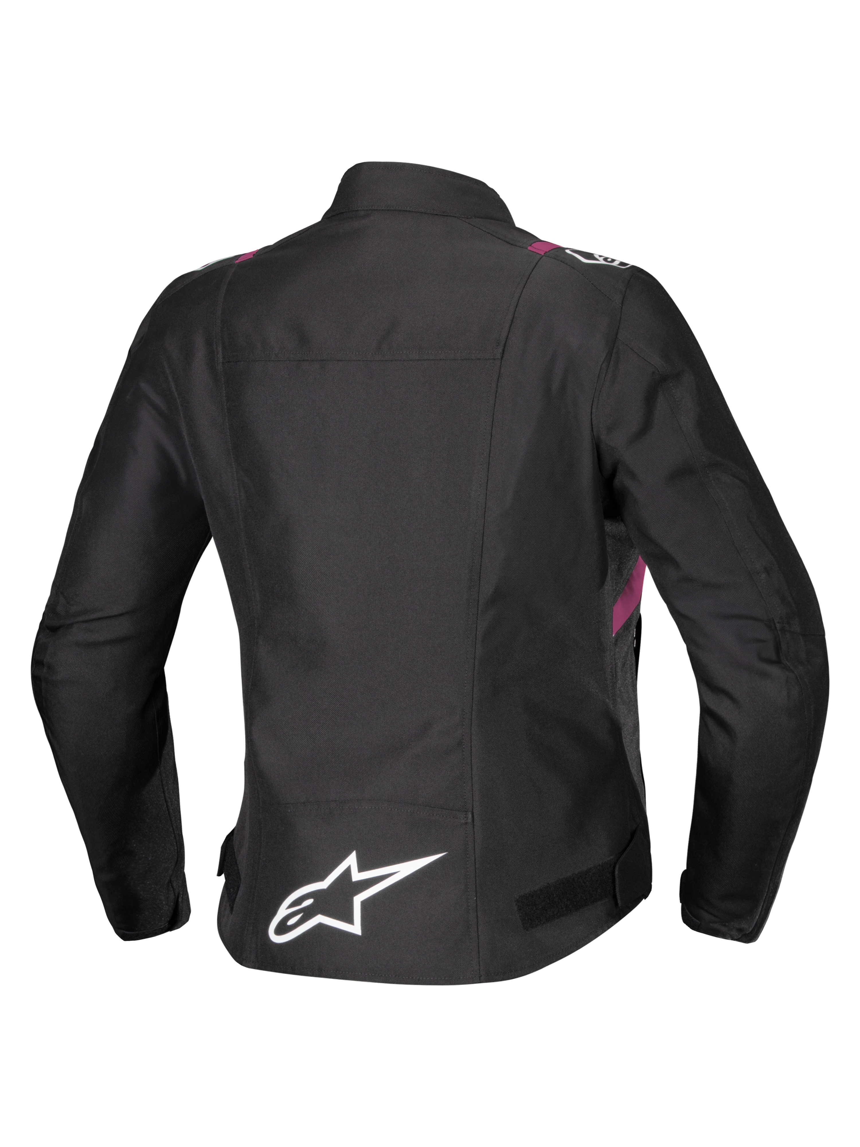 Alpinestars Stella T-SPS V2 Wasserdichte Jacke, Damen-Motorradjacke, Schwarz mit weißen und Diva Pink Akzenten, Rückansicht mit weißem Stern-Logo am unteren Rücken, sportlich inspirierte Silhouette mit strapazierfähigem Textil-Finish
