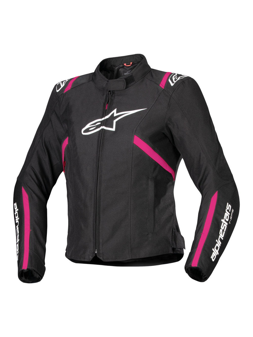 Alpinestars Stella T-SPS V2 Waterproof Jacket, Damen-Textilmotorradjacke, Schwarz mit Akzenten in Diva Pink und Weiß, großes weißes Alpinestars-Logo auf der Brust, rosa Streifen an Torso und Ärmeln, weißes Branding an den Unterarmen, sportliche Passform für jedes Wetter