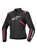 Alpinestars Stella T-SPS V2 Waterproof Jacket, Damen-Textilmotorradjacke, Schwarz mit Akzenten in Diva Pink und Weiß, großes weißes Alpinestars-Logo auf der Brust, rosa Streifen an Torso und Ärmeln, weißes Branding an den Unterarmen, sportliche Passform für jedes Wetter