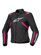 Alpinestars Stella T-SPS V2 Waterproof Jacket, Damen-Textilmotorradjacke, Schwarz mit Akzenten in Diva Pink und Weiß, großes weißes Alpinestars-Logo auf der Brust, rosa Streifen an Torso und Ärmeln, weißes Branding an den Unterarmen, sportliche Passform für jedes Wetter
