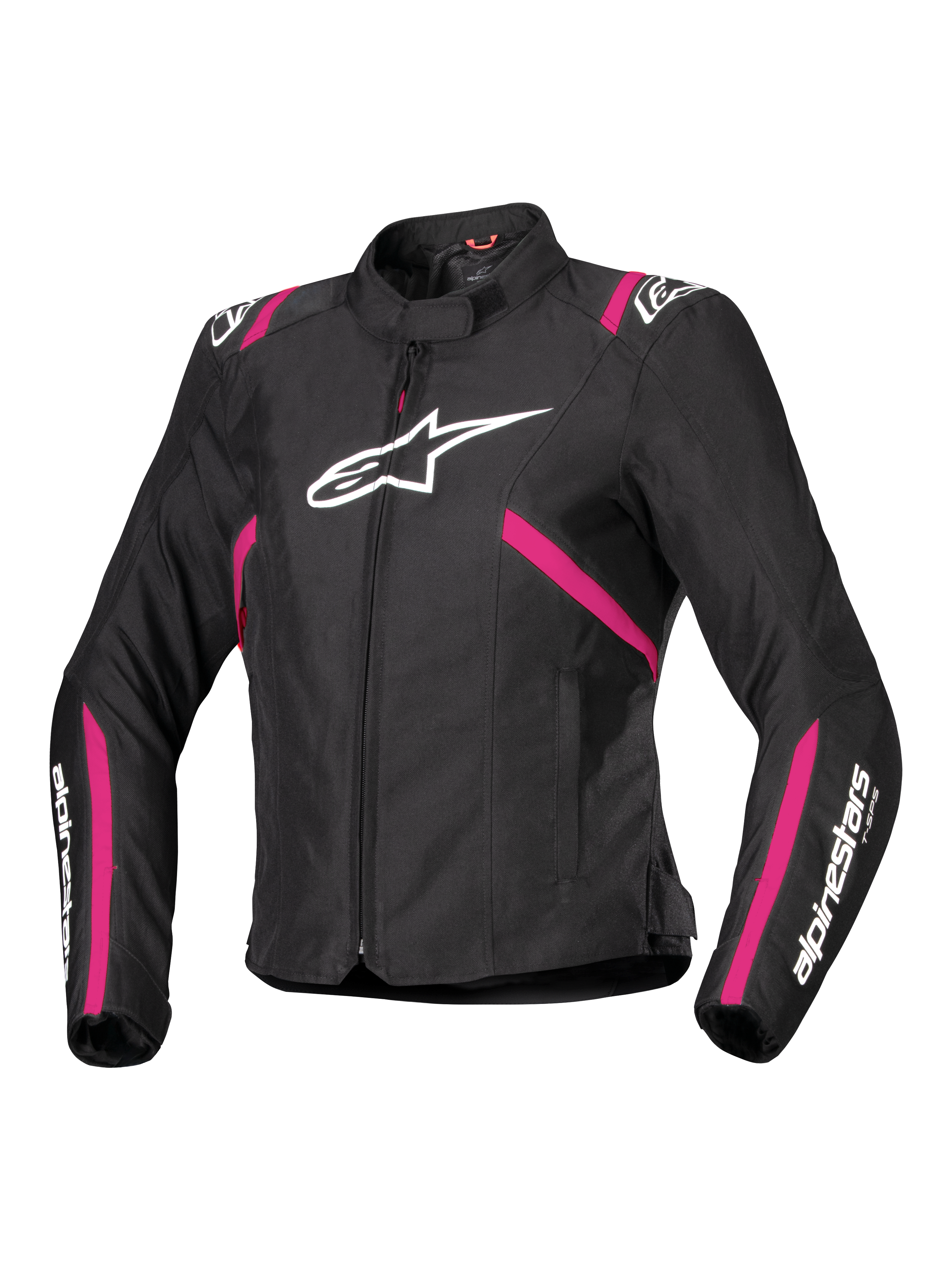 Alpinestars Stella T-SPS V2 Waterproof Jacket, Damen-Textilmotorradjacke, Schwarz mit Akzenten in Diva Pink und Weiß, großes weißes Alpinestars-Logo auf der Brust, rosa Streifen an Torso und Ärmeln, weißes Branding an den Unterarmen, sportliche Passform für jedes Wetter