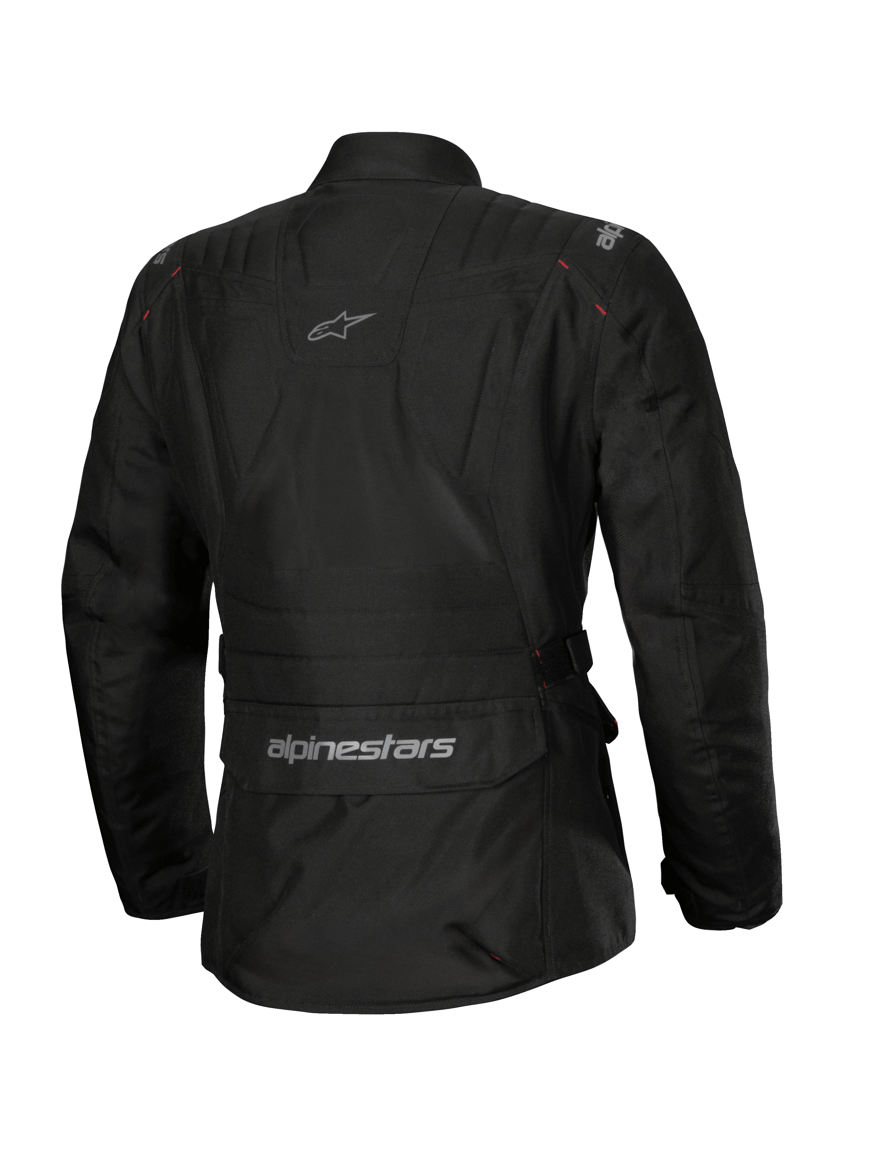 Alpinestars Stella ST-1 Waterproof Jacket, Women's Motorcycle Jacket, Black, rear view featuring a large lower back cargo pocket with logo, adventure touring design with subtle branding on the upper back, durable waterproof textile construction.