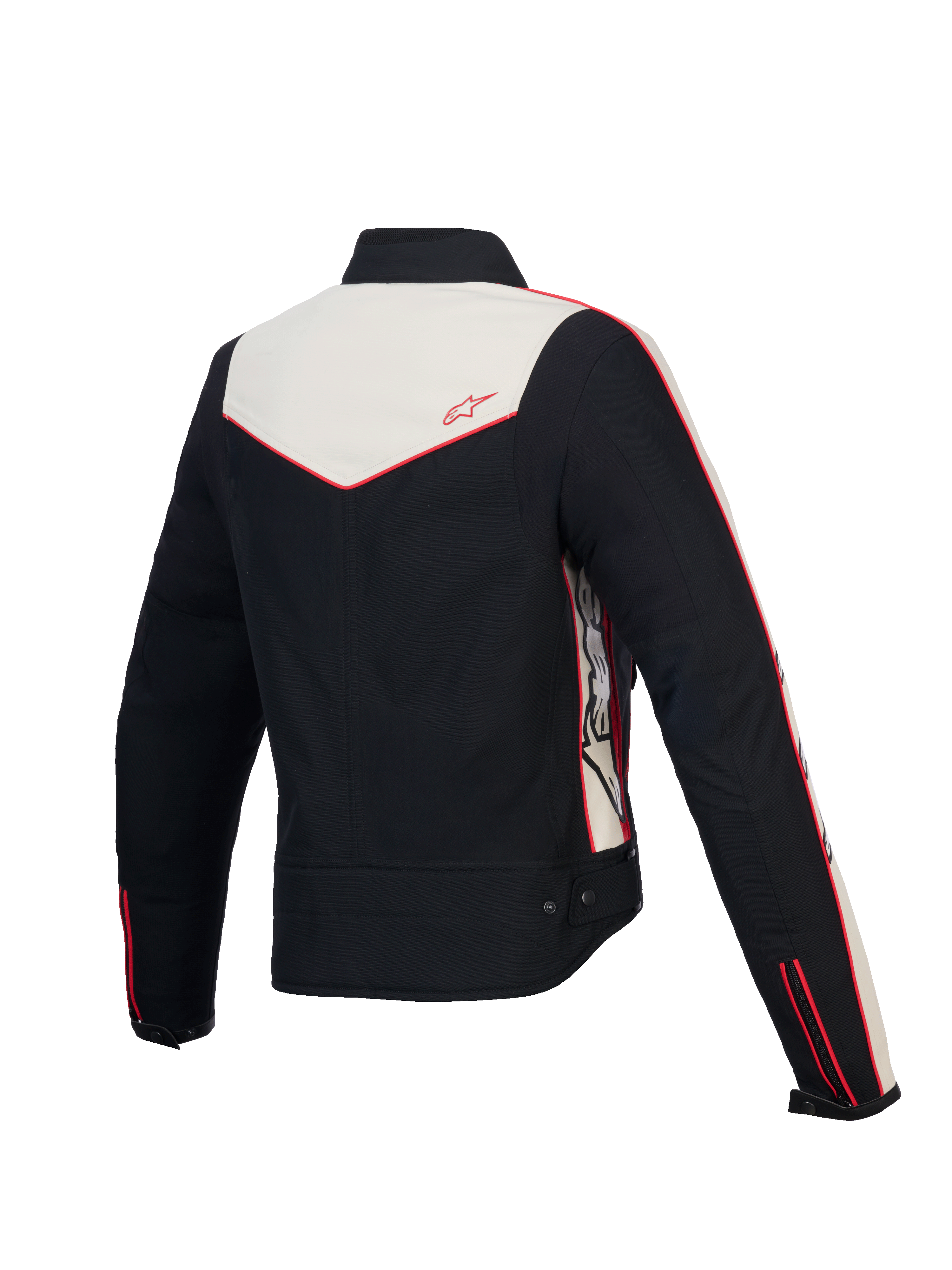 Alpinestars Stella T-Dyno Wasserabweisende Jacke, Damen-Motorradjacke aus Textil, Rückansicht mit vintage-inspirierter Biker-Passform, Schwarz, Ecru und Leuchtend Rot, CE-zertifizierter Schutz
