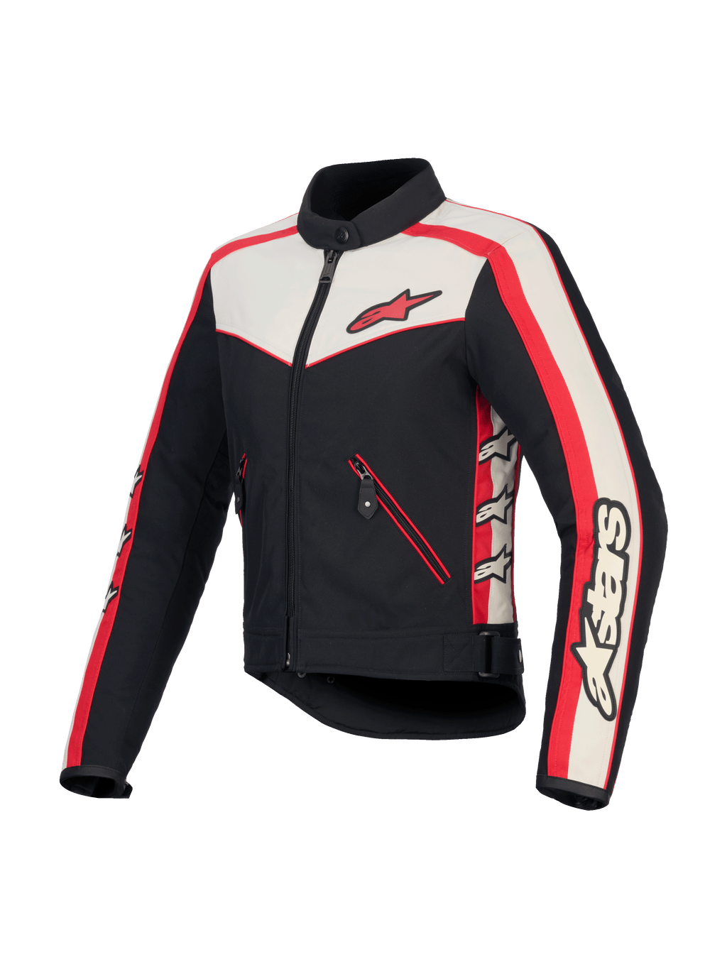 Alpinestars Stella T-Dyno Wasserabweisende Jacke, Damen-Motorradjacke aus Textil, Schwarz, Ecru und Leuchtend Rot, CE-zertifiziert im vintage-inspirierten Biker-Stil mit Reißverschlusstaschen