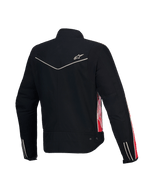 Alpinestars Stella T-Dyno Wasserabweisende Jacke, Damen-Motorradjacke, Rückansicht in Schwarz mit hellroten und fuchsienfarbenen Akzenten, CE-zertifiziert, Vintage-Biker-Passform
