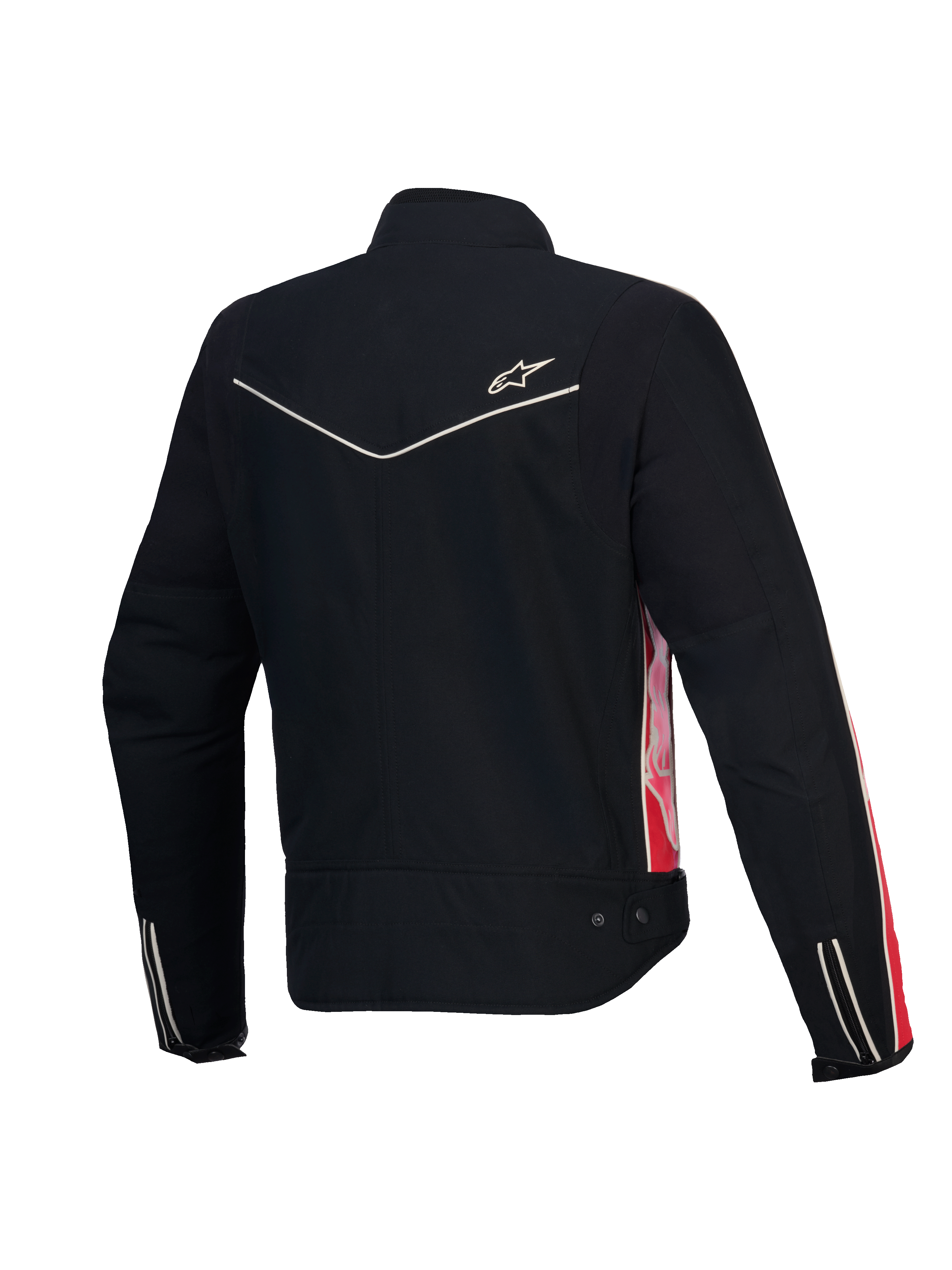 Alpinestars Stella T-Dyno Wasserabweisende Jacke, Damen-Motorradjacke, Rückansicht in Schwarz mit hellroten und fuchsienfarbenen Akzenten, CE-zertifiziert, Vintage-Biker-Passform