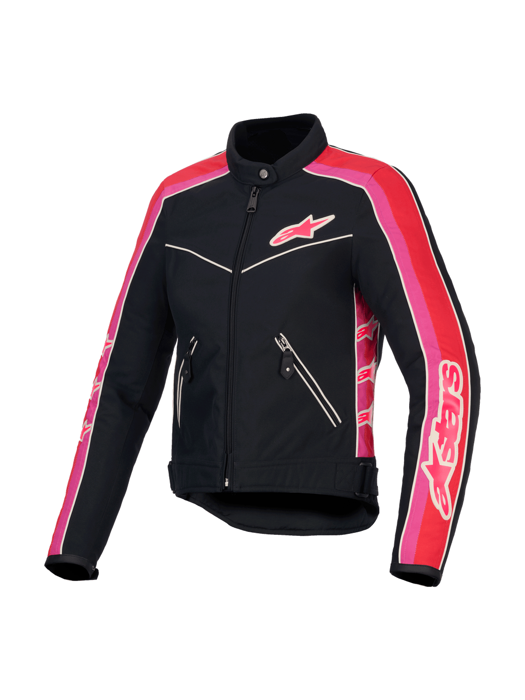 Alpinestars Stella T-Dyno Wasserabweisende Jacke, Damen-Motorradjacke, Schwarz, Hellrot und Fuchsia, CE-zertifiziert, mit Vintage-Biker-Passform
