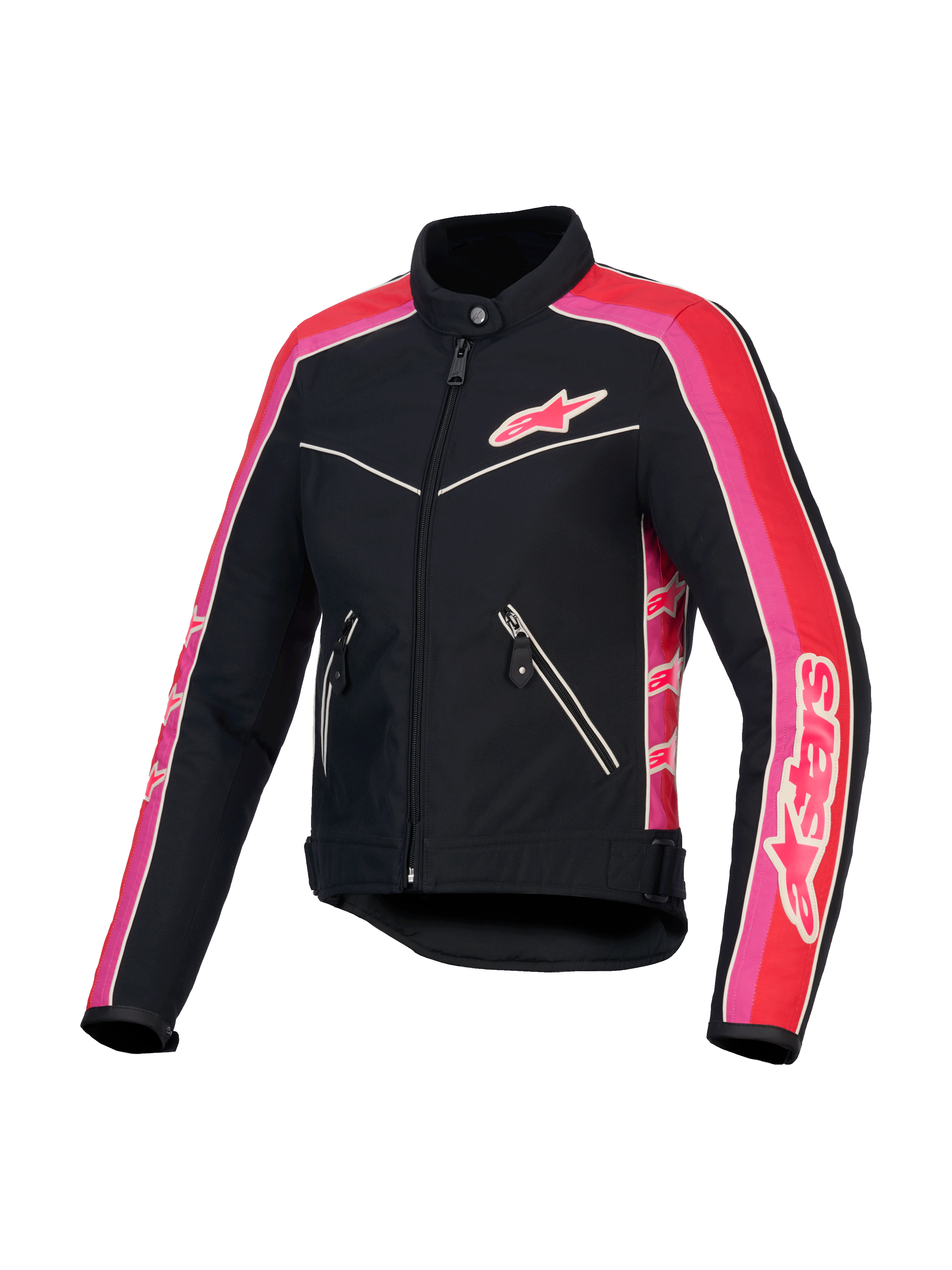 Alpinestars Stella T-Dyno Wasserabweisende Jacke, Damen-Motorradjacke, Schwarz, Hellrot und Fuchsia, CE-zertifiziert, mit Vintage-Biker-Passform