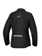 Alpinestars Honda Stella ST-1 WP Jacke, wasserdichte Damen-Motorradjacke, Schwarz, Rückansicht mit großem weißem Honda-Logo auf der unteren Cargo-Rückentasche, Alpinestars-Logo auf dem oberen Rücken, technische Textilkonstruktion mit Adventure-Touring-Silhouette und roten Nahtdetails.