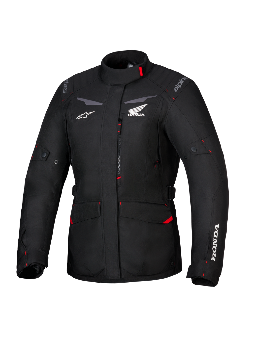 Honda Stella ST-1 WP Jacke, wasserdichte Damen-Tourenjacke, Schwarz mit roten Akzenten und weißen Honda-Logos, hoher Kragen, Frontreißverschluss, erweiterbare Cargotaschen, strapazierfähige Textil-Adventure-Ausrüstung