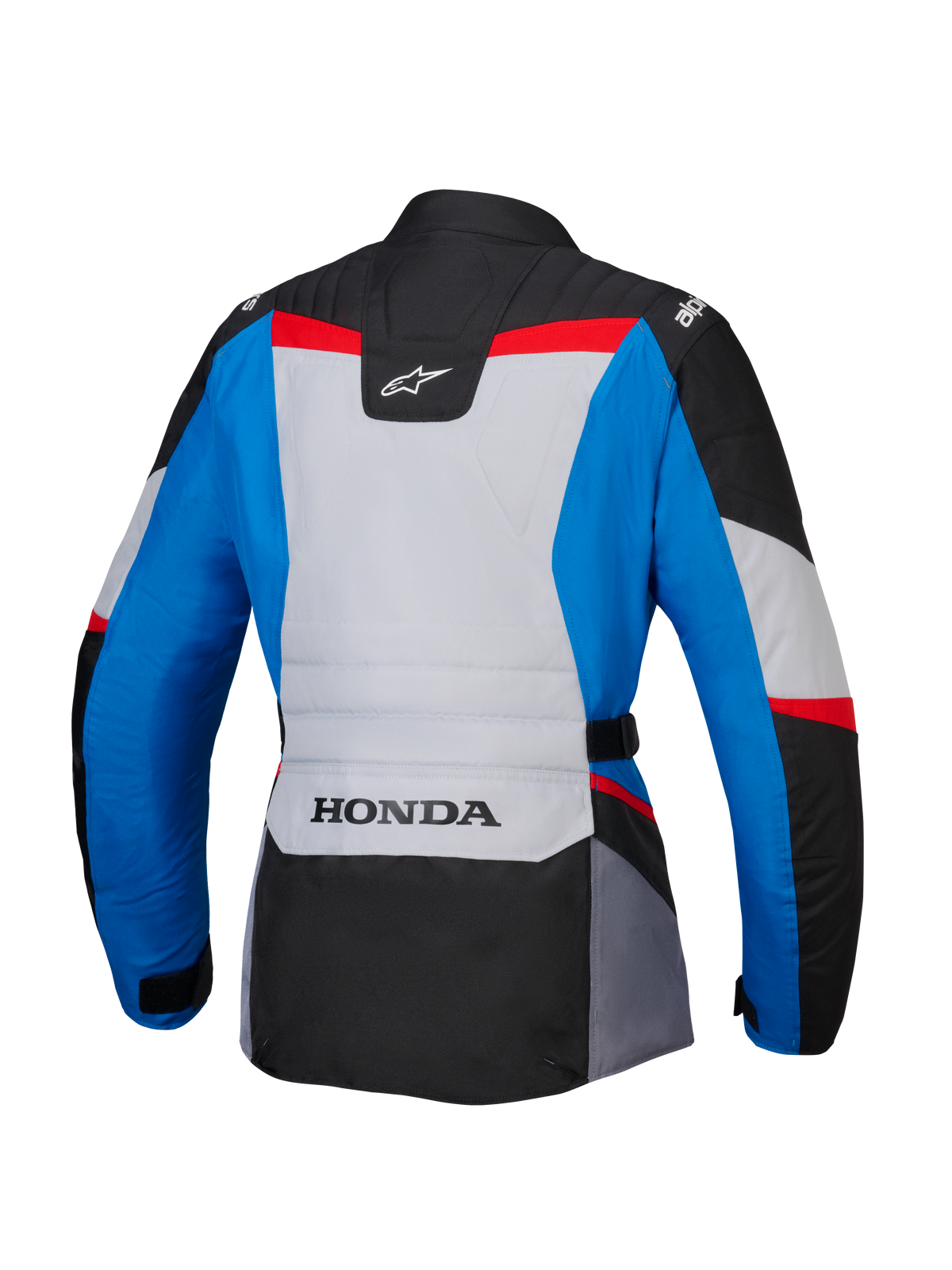 Alpinestars Honda Stella ST-1 WP Damenjacke, Rückansicht, Adventure-Touring-Motorradjacke in Blau, Eisgrau und Schwarz mit roten Akzenten, mit HONDA-Branding am unteren Rücken und Alpinestars-Logos auf den Schultern und dem oberen Rücken.
