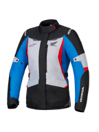 Alpinestars Honda Stella ST-1 WP Damenjacke, Wasserdichte Motorradjacke, Eisgrau, Blau und Schwarz mit roten Akzenten, hoher Kragen und Frontreißverschluss, Honda und Alpinestars Logos auf Brust und Ärmeln, strapazierfähige Adventure-Touring-Textiljacke