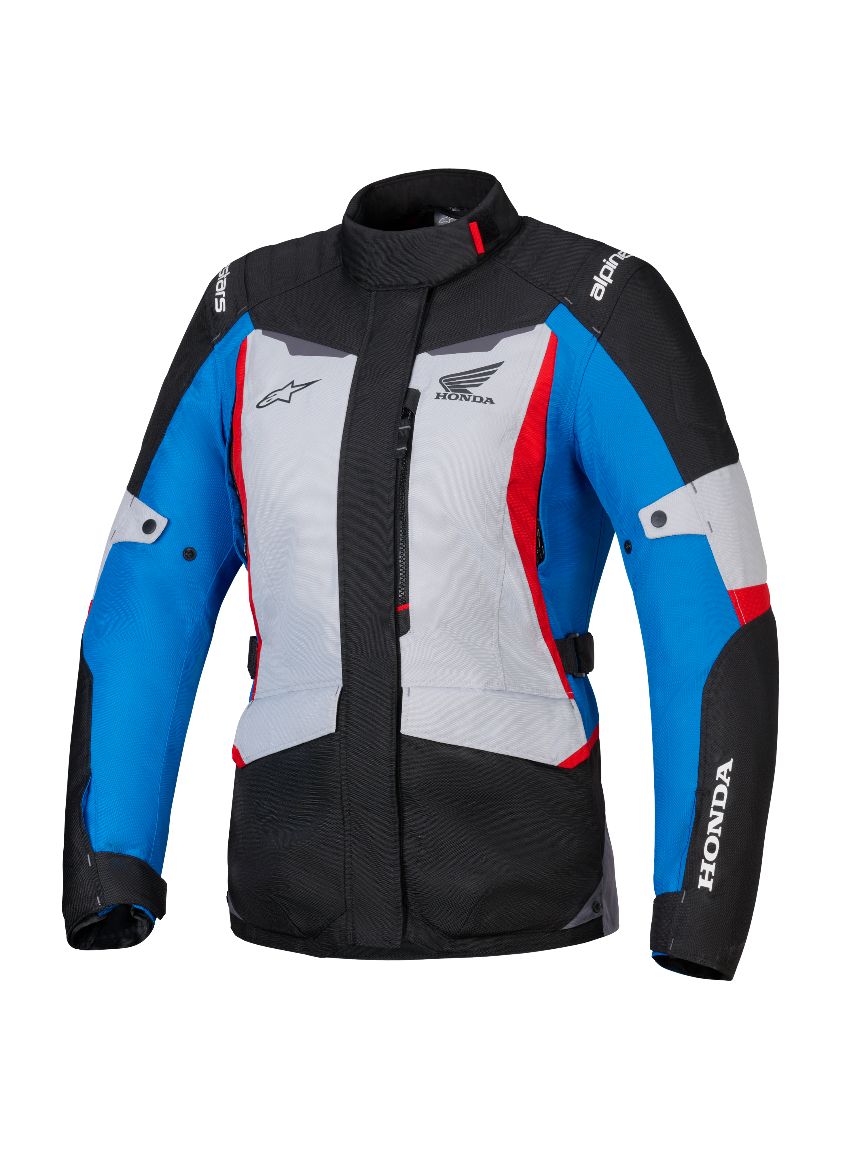 Alpinestars Honda Stella ST-1 WP Damenjacke, Wasserdichte Motorradjacke, Eisgrau, Blau und Schwarz mit roten Akzenten, hoher Kragen und Frontreißverschluss, Honda und Alpinestars Logos auf Brust und Ärmeln, strapazierfähige Adventure-Touring-Textiljacke