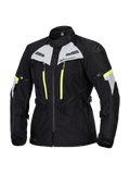 Alpinestars Stella Bogota Pro Drystar Jacket, Women's Motorcycle Touring Jacket, Black with Ice Gray and Yellow Fluo accents, waterproof and breathable textile construction, featuring extensive ventilation zippers and adjustable straps for adventure riding