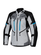 Alpinestars Stella Bogota' Pro Drystar® Jacket, Women's Adventure Touring Jacket, Ice Gray Black and Cyan, featuring waterproof Drystar® membrane, dual vertical blue chest zippers, adjustable arm and waist straps, and reinforced protective panels