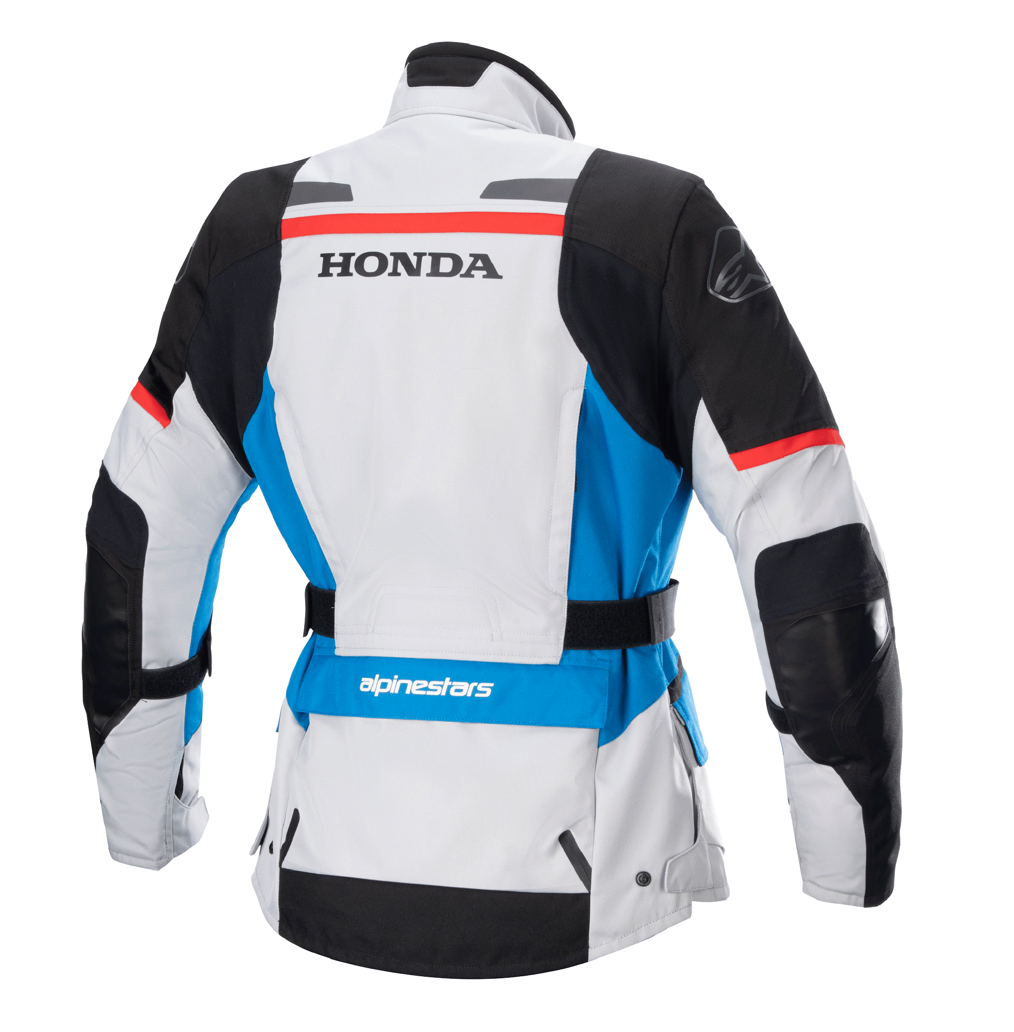 Alpinestars Women Stella Honda Andes V3 Drystar® Jacket, Rear view, Ice Gray with Blue and Bright Red accents, bold black HONDA branding on the back, Alpinestars logo on shoulder and lower back, adjustable waist belt, adventure touring textile motorcycle jacket
