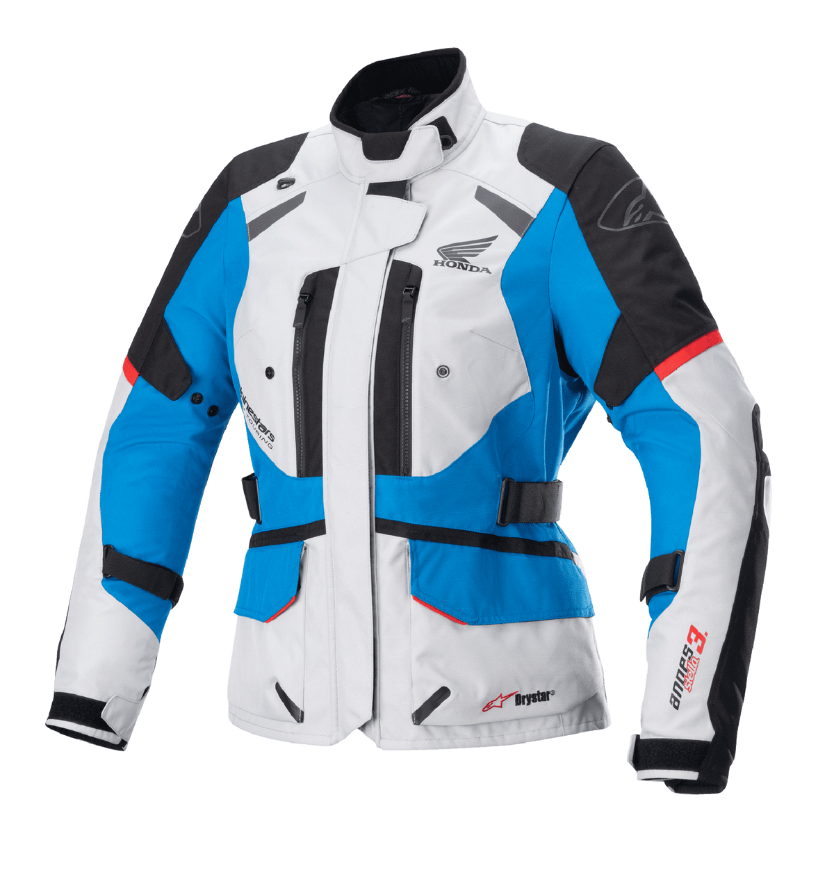 Alpinestars Women's Stella Honda Andes V3 Drystar Jacket, Motorcycle Touring Jacket, Ice Gray Blue and Bright Red, textile waterproof construction featuring Honda wing logo, zippered vents, and adjustable waist straps