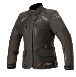 Alpinestars Damen Stella Andes V3 Drystar Jacke, Schwarz Dunkelgrau, Adventure-Touring-Motorradjacke, wasserdichte Textilkonstruktion, mehrere Cargo- und Brusttaschen, verstellbarer Taillengürtel, hoher Kragen und reflektierende Details für Allwetterschutz