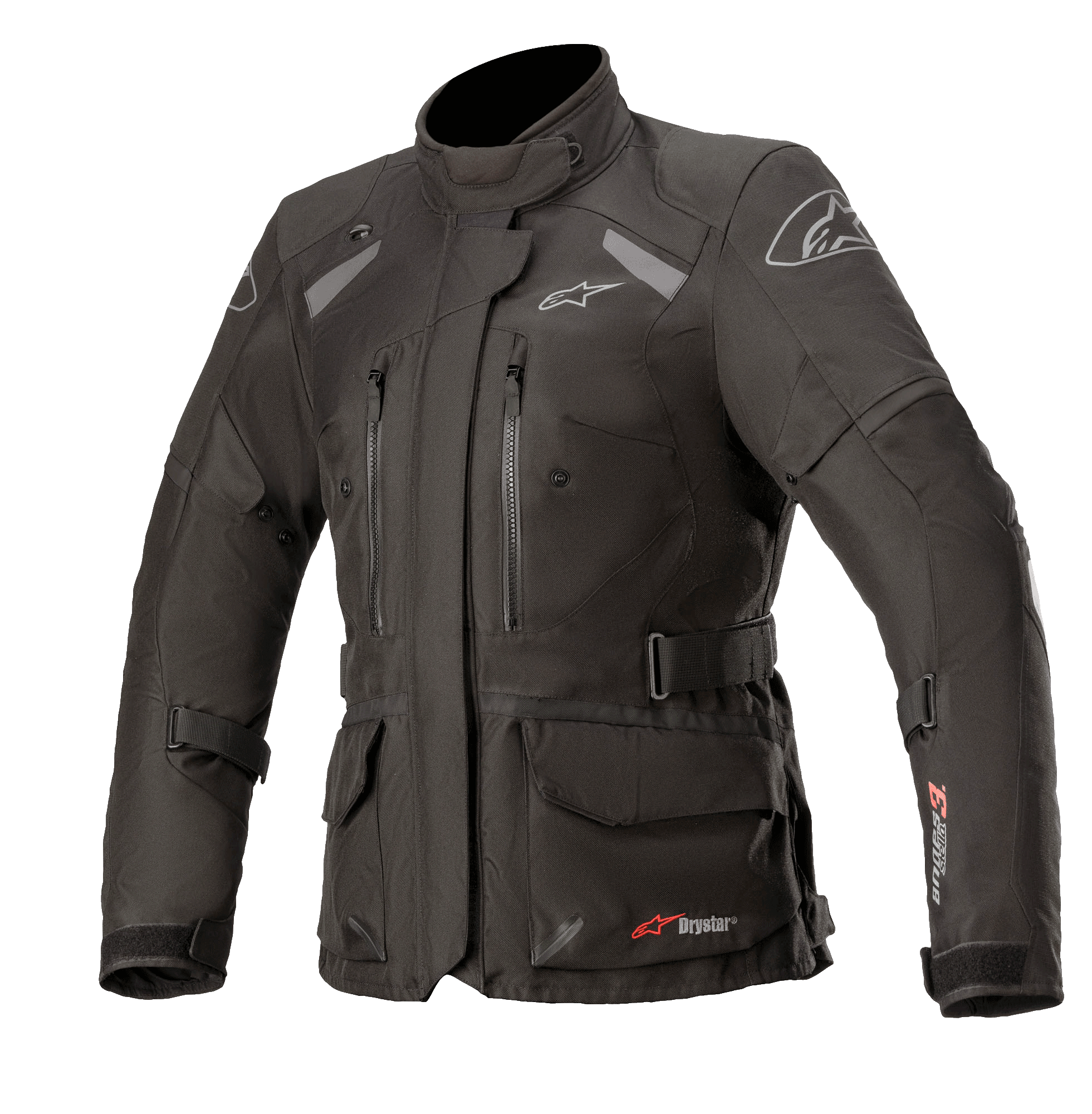 Alpinestars Women Stella Andes V3 Drystar Jacket, Black Dark Gray, Adventure Touring Motorcycle Jacket, Waterproof textile construction, featuring multiple cargo and chest pockets, adjustable waist belt, high collar, and reflective details for all-weather protection