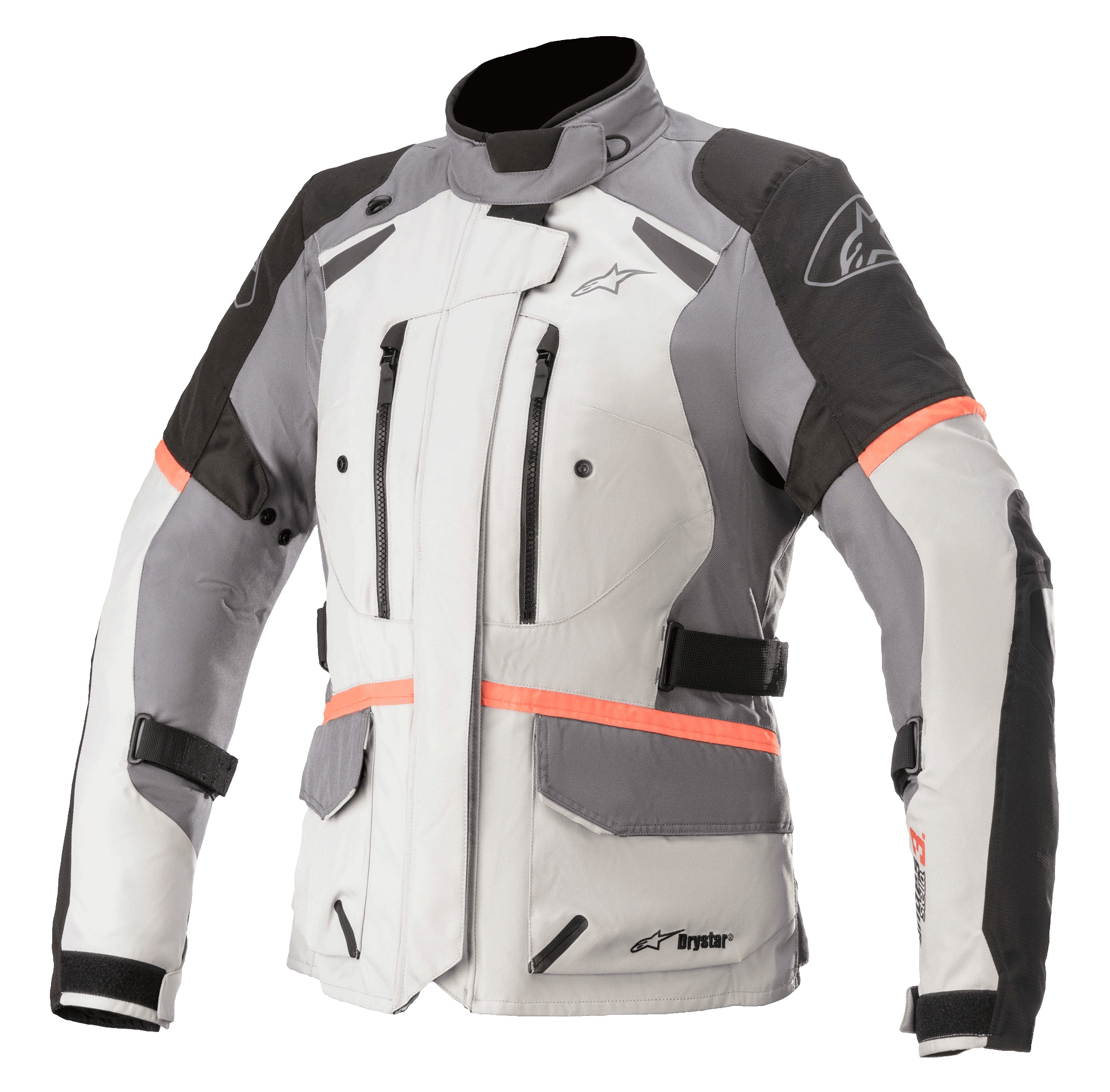 Alpinestars Damen Stella Andes V3 Drystar Jacke, Motorrad-Tourenjacke, Eisgrau mit dunkelgrauen und schwarzen Einsätzen, leuchtende korallfarbene Akzente, mit Belüftungsöffnungen an der Brust, großen Pattentaschen und verstellbaren Taillengurten, technische Textilkonstruktion für Adventure-Fahrten bei jedem Wetter
