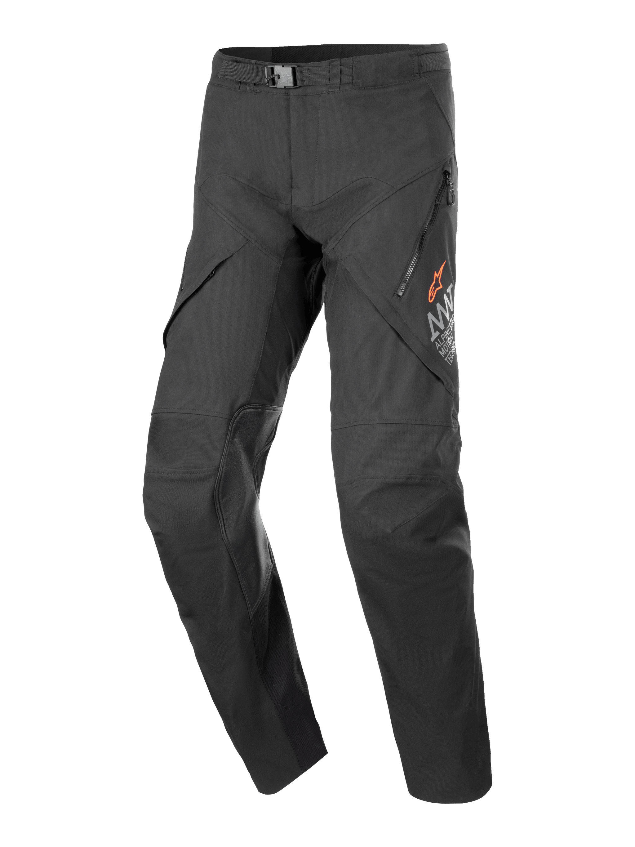 Black motorcycle pants with modern tailored fit, zippered thigh pocket, orange Alpinestars branding, reinforced knee panels, durable construction for urban riding