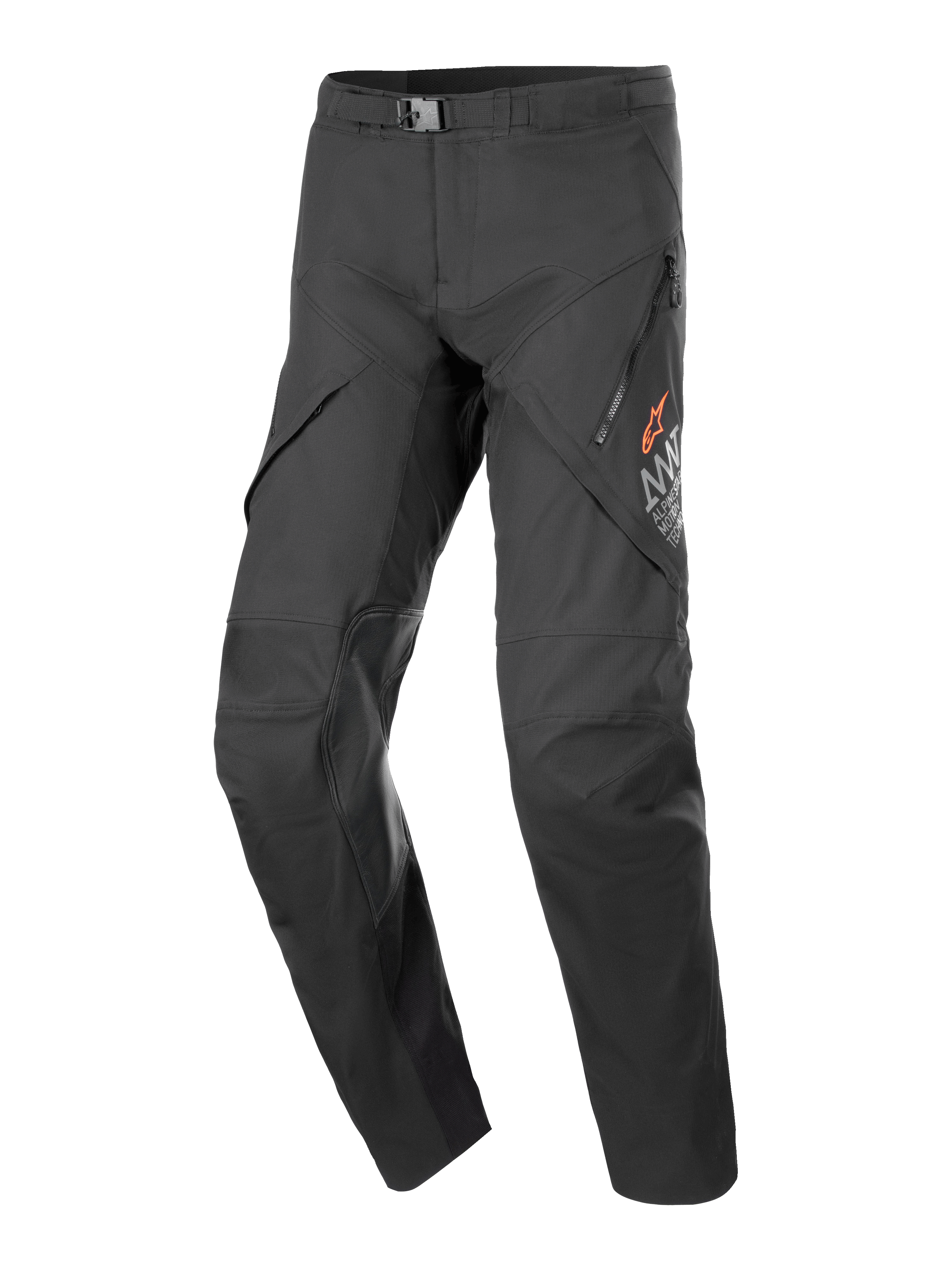 Alpinestars AMT-8 Stretch Drystar® XF Pants, Textile Motorcycle Pants, Black, buckle waist closure, zippered thigh pockets with orange logo branding, reinforced knee panels, ergonomic pre-curved design for adventure touring