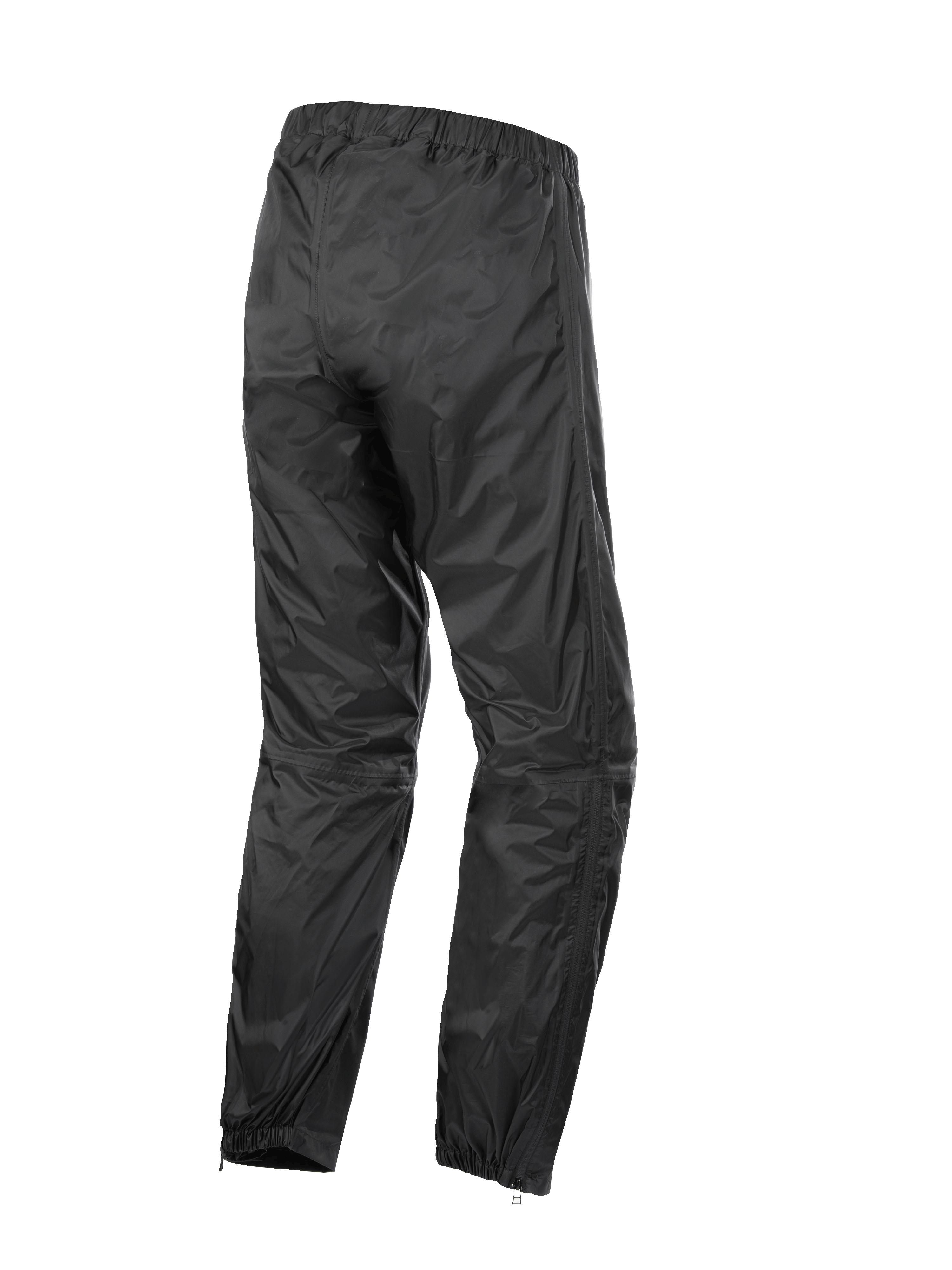 Alpinestars Hurricane Rain V2 Hose, wasserdichte Motorrad-Überhose, Schwarz, Rückansicht mit elastischem Bund und Bündchen, leichtes windabweisendes laminiertes Gewebe mit Reißverschlüssen am Unterschenkel für einfachen Einstieg mit Stiefeln, Schutzausrüstung für Road- und Adventure-Touring