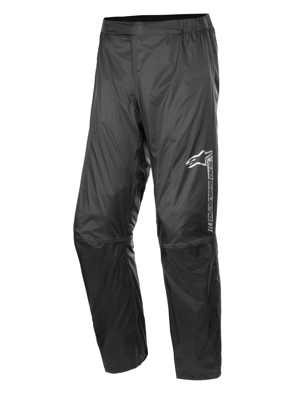 Alpinestars Hurricane Rain V2 Hose, Wasserdichte Motorrad-Regenhose, Schwarz, mit reflektierendem Branding am linken Oberschenkel, elastischem Bund, ergonomischem Kniedesign und glänzendem windresistentem laminiertem Gewebe für Straßen- und Adventure-Touren
