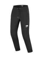 Alpinestars Aeroshell Pants, Motorcycle Softshell Pants, Black with white ASTARS logo on the left thigh, featuring an elastic drawstring waist and ribbed ankle cuffs, designed for urban and casual touring riders