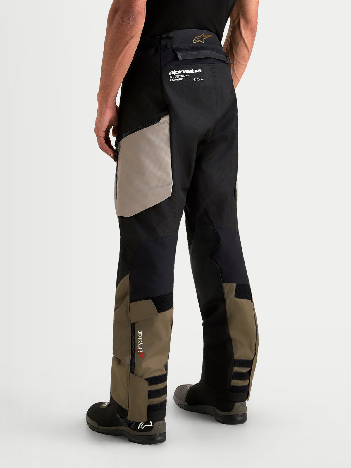 Alpinestars Harok V2 Drystar Pants, Men's adventure motorcycle pants in aluminum, walnut, and black, rear view showing durable ripstop construction and Drystar branding